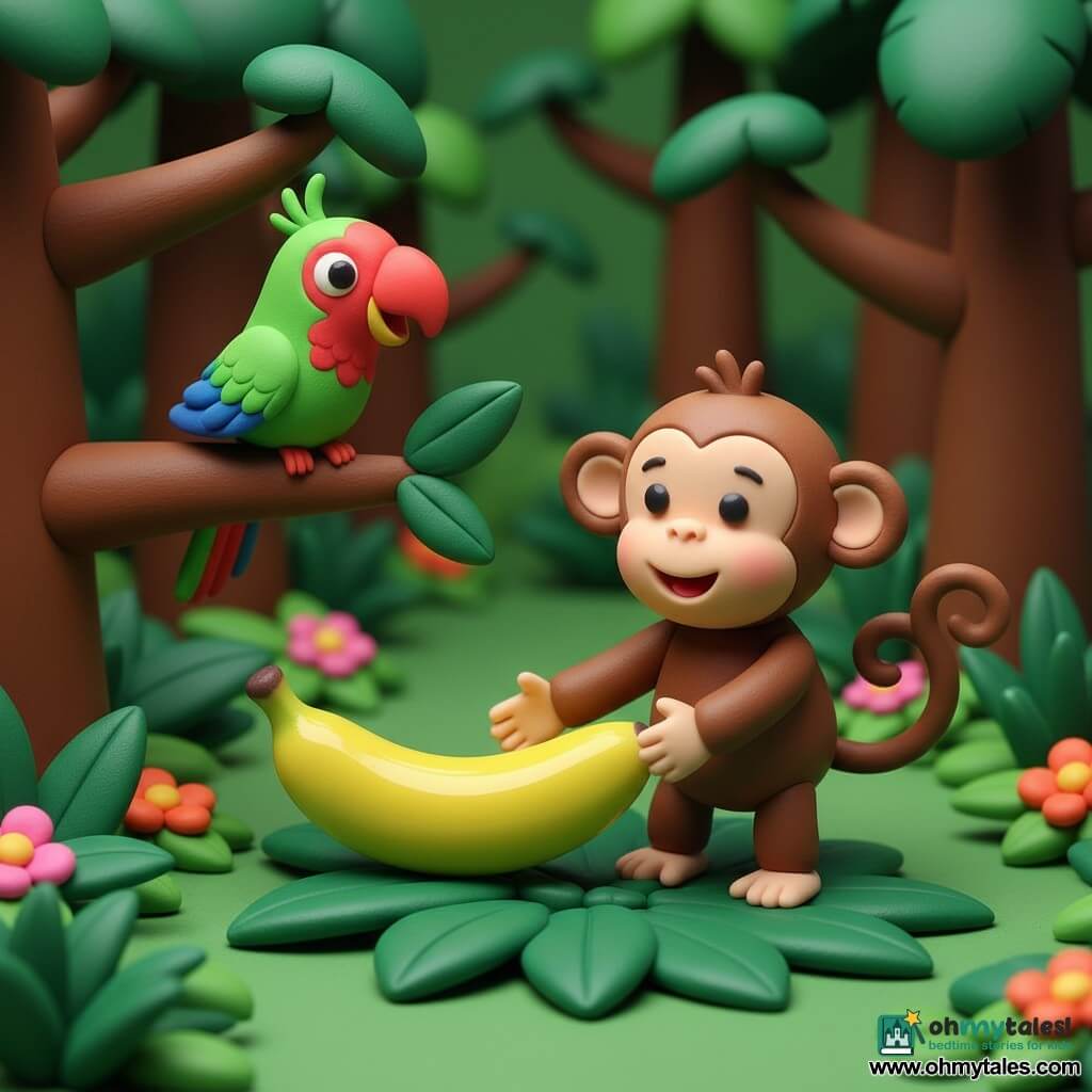 A small monkey named Momo with a joyful, curious expression, round face, soft brown fur, large ears and a long corkscrew tail reaches for a shiny yellow banana on a bed of green leaves while a bright green, red and blue parrot called Polly perches on a branch to the left, watching and clicking its beak; the dense jungle of thick brown trunks, emerald leaves, pink and orange flowers and soft mossy ground creates a warm, friendly scene of discovery and friendship with saturated colors, rounded silhouettes and a simple centered composition for toddlers.