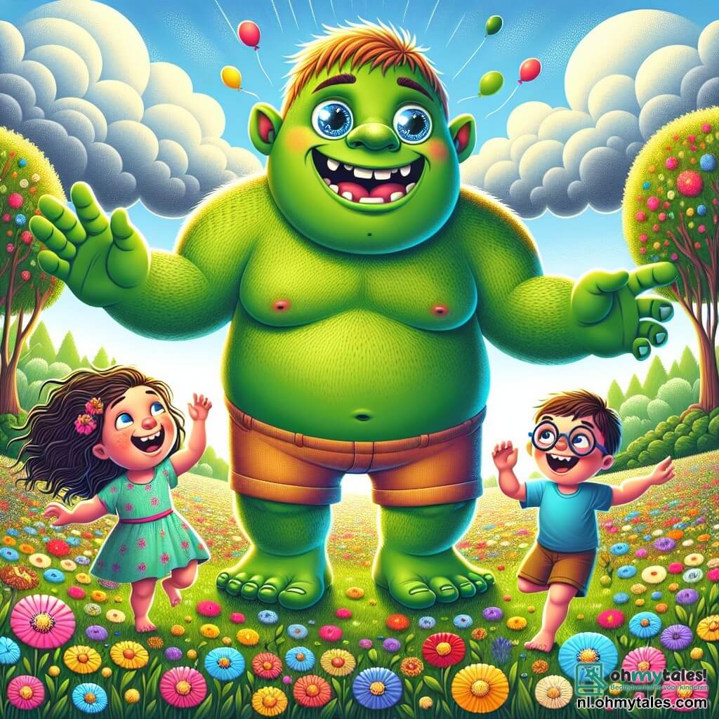 In het midden van de afbeelding staat Ollie, een grote ogre met een heldergroene huid, met grote, ronde en glanzende ogen als sterren. Hij heeft een brede glimlach die zijn vriendelijkheid toont en speelt vrolijk met kinderen. Zijn lichaam is gespierd maar zacht, en hij draagt een kleurrijke stoffen short. Aan zijn rechterkant rent een klein meisje van ongeveer 7 jaar met krullend haar en een mooie roze jurk lachend om hem heen. Aan zijn linkerkant probeert een 8-jarig jongetje met een bril en een blauwe t-shirt hem aan te raken om verstoppertje te spelen, met sprankelende ogen van opwinding. De achtergrond toont een uitgestrekt veld met kleurrijke bloemen, onder een heldere blauwe lucht met wattenachtige wolken. Bomen met glanzende bladeren omringen het veld en kleurrijke ballonnen zweven in de lucht. De scène toont Ollie, de ogre, omringd door kinderen die samen lachen en spelen, wat de magie van vriendschap en acceptatie illustreert.