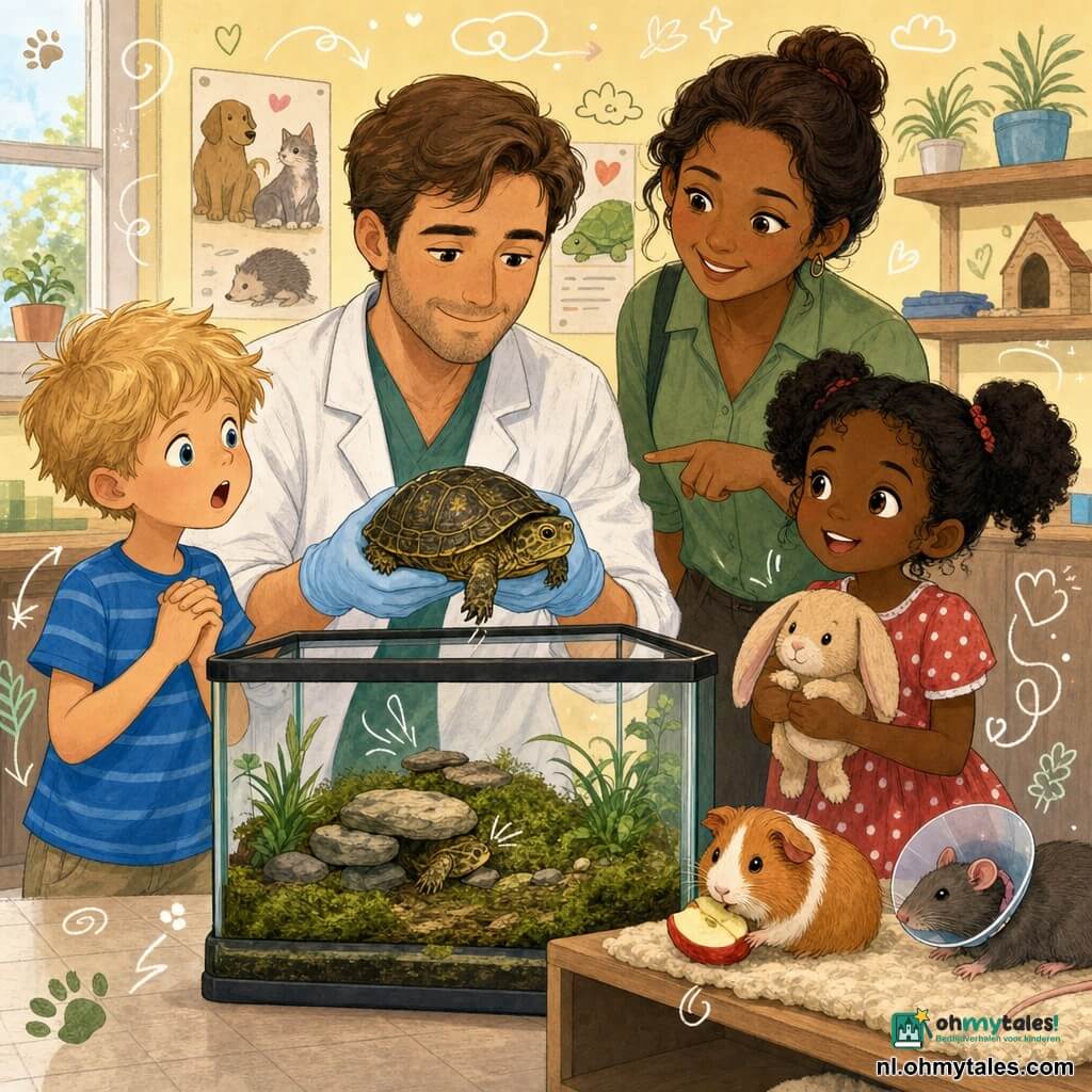 Een glimlachende rustige dierenarts van rond de dertig met kort kastanjebruin haar en licht gekrezen witte jas tilt voorzichtig een kleine groen‑bruine schildpad met geel patroon van de schaal; hij heeft een zachte, aandachtige en geruststellende blik en buigt boven een glazen terrarium waarin de schildpad met een poot tussen twee platte stenen vastzit temidden van mos en kleine planten. Links staat een ongeveer 8‑jarige jongen met warrig blond haar en een blauw gestreept T‑shirt mond open van verwondering en handen samengevouwen, rechts een ongeveer 7‑jarig meisje met zwart haar in knotjes in een rood witgestippeld jurkje die een knuffelkonijn vasthoudt en bewonderend kijkt. Achter hen een verzorgster van rond de veertig met lichtte huid en donker kastanjebruin haar in een knot en een groene outfit wijst bemoedigend naar het terrarium. Naast het terrarium op een open plank een rossige cavia (Max) die op een schijfje appel knabbelt en een kleine grijze rat (Charlie) met een plastic halsbandje ligt op zacht stro. Binnenlocatie: helder dierenasiel met lichtgeel geschilderde muren, houten planken, kleurrijke zorgposters, schone tegelvloer en zachte warme lichtinval. Hoofdscène: tedere geruststellende redding met precieze handelingen van de dierenarts die de schildpad bevrijdt terwijl de kinderen vol ontzag toekijken, kalme optimistische sfeer. Grafische stijl: heldere maar zachte kleuren, afgeronde contouren, lichte potloodtexturen en kleine dierdoodles (pootjes, hartjes, planten) rondom de personages.