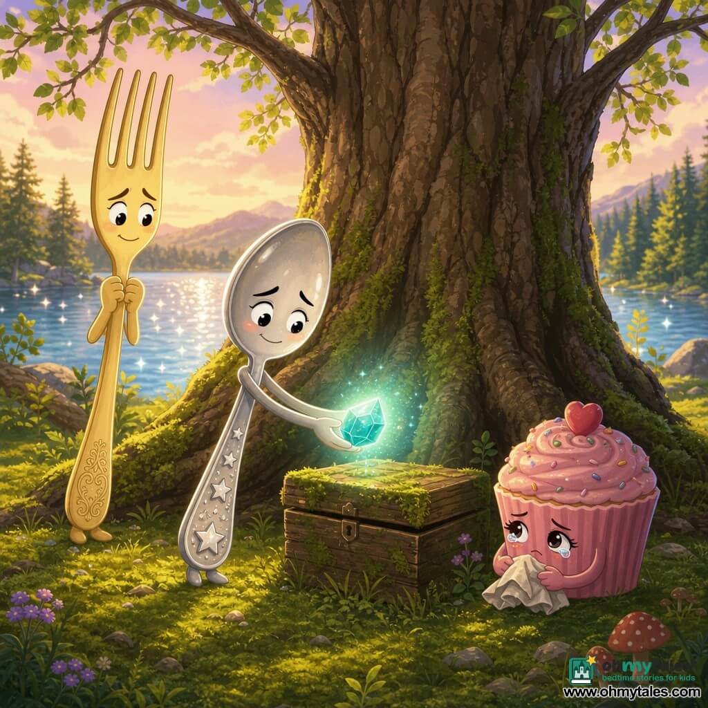 Silverina, a shiny anthropomorphic teaspoon with a round face, curious eyes and a repentant gentle expression, extends a small glowing teal-blue crystal toward a moss-covered wooden box at the base of an ancient oak; to her left, Forky, a worried smiling pale-yellow fork with thin tines, stands slightly back with clenched hands; to her right, Cupcake, a pink cupcake tin whose laughing face has turned serious and eyes watery, crouches holding a crumpled napkin as if comforting; they are in a forest clearing carpeted in green moss with a distant diamond-sparkling lake under a pastel sky, as the crystal's soft light rises while they place it in the box, an atmosphere of repair and restored truth.