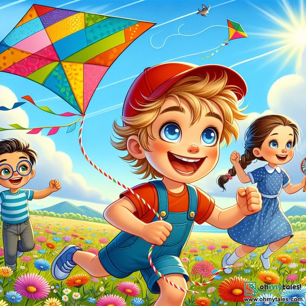 Benny, a young boy with messy brown hair and a red cap, has a wide smile of excitement. He stands in a green field, holding a large, colorful kite with bright patterns. Next to him, Lily, a girl with braided blonde hair, about 8 years old, encourages him by raising her arms, her eyes shining with joy. A bit further away, Sam, a 7-year-old boy with brown hair and round glasses, watches in wonder, holding a fan to create wind. The scene takes place in a sunny, vast field dotted with brightly colored wildflowers, under a clear blue sky with a few fluffy white clouds. The main action shows Benny running enthusiastically, ready to launch his magical kite into the sky, while his friends cheer him on, eager to see their creation take flight.