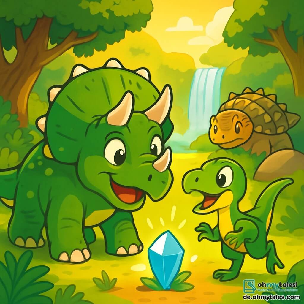 Ein fröhlicher Triceratops mit glänzend moosgrüner Haut und drei majestätischen Hörnern steht im Mittelpunkt der Szene, sein neugieriger und staunender Blick strahlt Enthusiasmus für das bevorstehende Abenteuer aus. An seiner Seite hüpft ein schelmischer Velociraptor mit grünen und gelben Federn aufgeregt, seine Augen funkeln vor Schalk. Im Hintergrund beobachtet ein alter Ankylosaurus mit einem Panzer aus robusten Platten und weisen Augen die Szene wohlwollend, nahe einem großen Felsen. Der Ort ist ein grünes Tal, durchflutet von goldenen Licht, mit üppigen Farnen und riesigen, knorrigen Bäumen. In der Nähe glitzert ein majestätischer Wasserfall und schafft eine magische Atmosphäre. Die Hauptsituation zeigt, wie der Triceratops und der Velociraptor einen geheimnisvollen, leuchtenden Kristall entdecken, der faszinierendes Licht ausstrahlt, während sie neugierig näher kommen, bereit für ein neues Abenteuer.