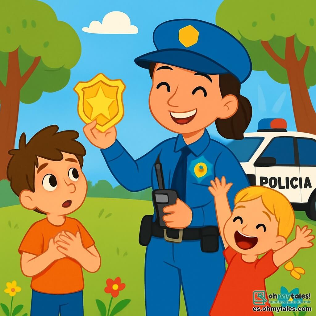La policía Clara, una mujer sonriente de unos treinta años, lleva un uniforme azul brillante y una gorra. Su rostro irradia alegría y orgullo mientras muestra su gran placa brillante a los niños. A su lado, Lucas, un niño de 8 años con el cabello castaño desordenado, la observa con los ojos muy abiertos, maravillado por el mundo de la policía. Ana, su hermana pequeña de 6 años, con cabello rubio y trenzas, salta de alegría levantando las manos, ansiosa por descubrir el vehículo policial. La escena tiene lugar en un parque verde, lleno de árboles majestuosos y flores coloridas, bajo un cielo azul brillante. Al fondo, un gran vehículo policial negro y blanco brilla bajo el sol, con sus luces intermitentes encendidas. La situación principal muestra a Clara explicando a los niños la importancia de su trabajo, mientras les enseña a usar la radio de policía, rodeada de risas y exclamaciones de asombro.