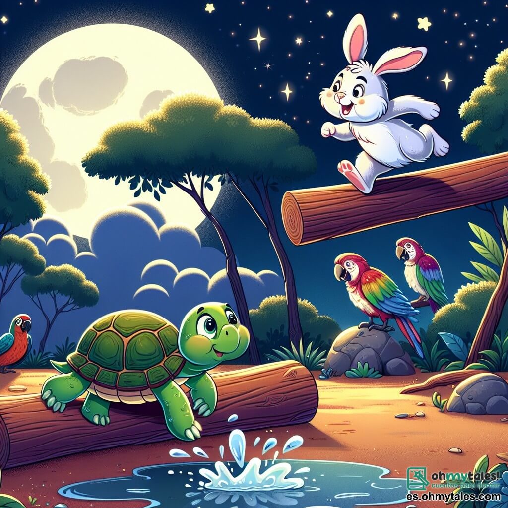 Una tortuga llamada Tina, con un caparazón verde y ojos brillantes de alegría, se desliza bajo un gran tronco de madera, sonriente y decidida. Junto a ella, un pequeño conejo llamado Ramón, con orejas largas y pelaje blanco, salta torpemente sobre un charco, salpicando agua a su alrededor mientras ríe. Un loro colorido llamado Lalo, posado en una rama, observa la escena con una expresión divertida, sus plumas brillantes de rojo, verde y azul resplandeciendo bajo la luna. El escenario es un zoológico nocturno, iluminado por la suave luz de la luna, con árboles frondosos, estrellas brillantes en el cielo y sombras danzantes alrededor de los animales. La situación principal muestra a Tina y Ramón en una carrera de obstáculos, llena de risas y amistad, creando una atmósfera alegre y lúdica.