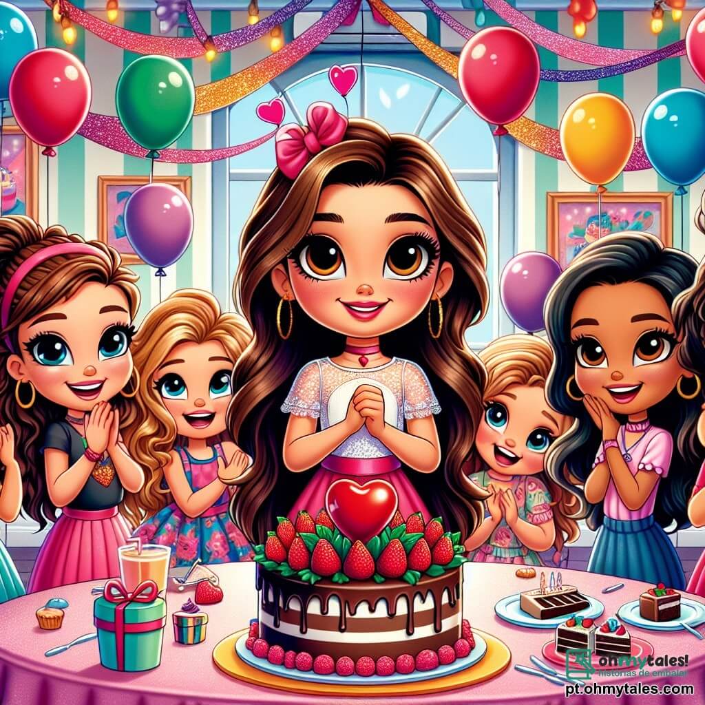 Em uma sala iluminada e colorida, Clara, uma menina de sete anos com longos cabelos castanhos e olhos brilhantes, está no centro, sorridente, cercada por suas amigas. À sua direita, Sofia, uma menina com cabelos loiros e cacheados, bate palmas com entusiasmo. À esquerda, Luna, uma menina com cabelos negros e lisos, segura um balão vermelho em forma de coração, enquanto Bia, uma menina com cabelos castanhos presos em um rabo de cavalo, está sentada em uma pequena cadeira, rindo alegremente. A sala é decorada com balões coloridos flutuando no teto, guirlandas brilhantes penduradas nas paredes e uma grande mesa cheia de deliciosos bolos e doces. Um enorme bolo de chocolate, decorado com morangos e chantilly, brilha ao centro da mesa. A cena principal mostra Clara e suas amigas cantando "Parabéns" ao redor do bolo, com os rostos iluminados pela alegria e excitação, enquanto risadas ecoam no ar festivo.