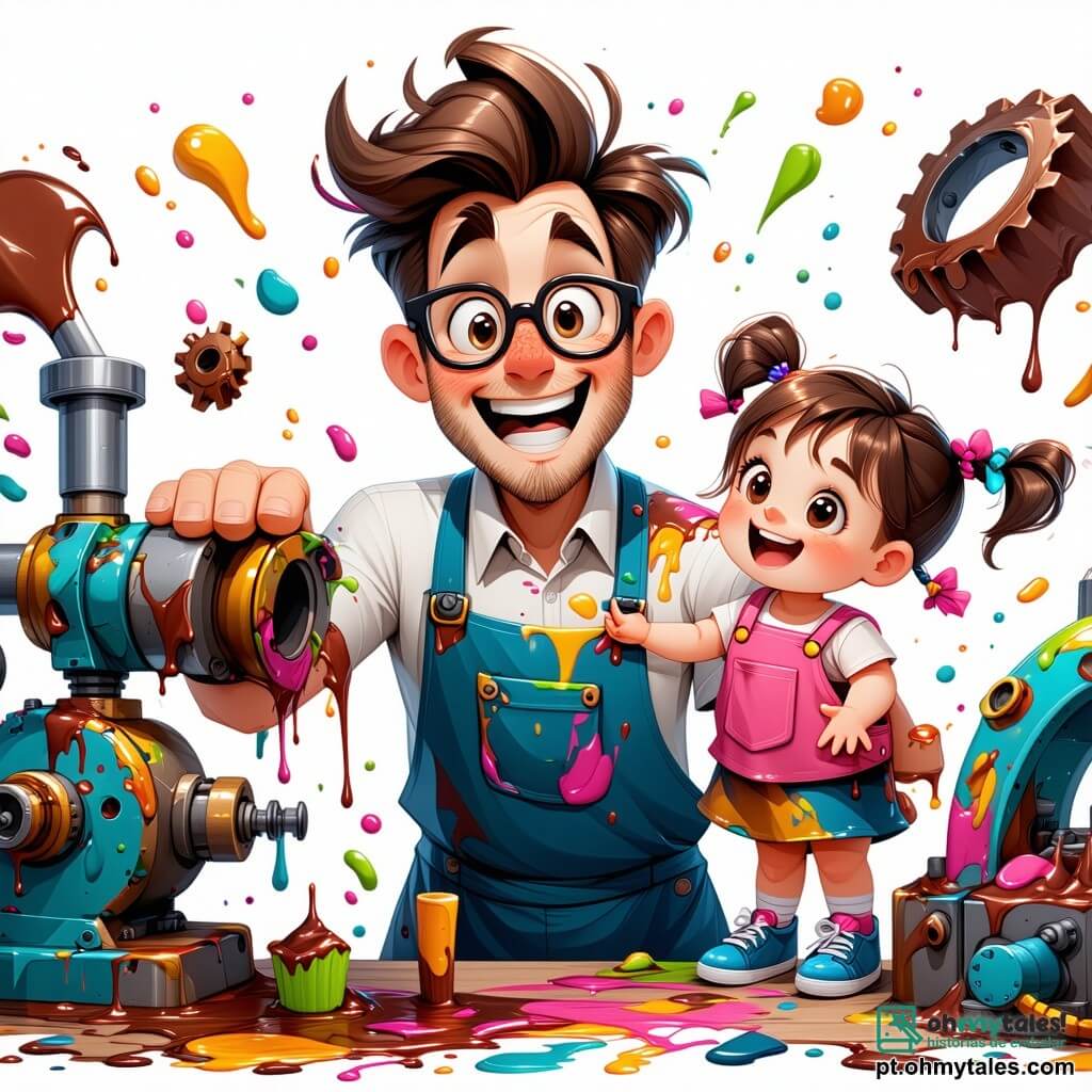 Tico, um homem de cabelos desgrenhados e óculos oversized, está no centro da imagem, com um grande sorriso de empolgação no rosto. Ele usa um macacão cheio de manchas de tinta e chocolate e está trabalhando freneticamente em sua máquina Comedorexpress, cercado por peças soltas e engrenagens coloridas que voam ao seu redor. Ao lado dele, uma menina de cerca de 8 anos, com cabelos castanhos trançados, observa com olhos arregalados, segurando um pedaço de chocolate na mão. Ela veste um vestido de bolinhas e parece fascinada pela invenção de Tico. Um menino de 10 anos, com óculos e uma camiseta listrada, ri alto, com os braços levantados, pronto para pegar um pedaço de bolo que dança ao redor deles. A cena acontece na oficina de Tico, um lugar caótico cheio de máquinas estranhas, papéis espalhados e cores vivas. Prateleiras carregadas de ferramentas e materiais estão ao fundo, enquanto uma janela deixa entrar a luz do sol, iluminando a poeira no ar. A situação principal mostra Tico, com grande energia, ativando sua máquina, provocando uma explosão de chocolate e bolos dançantes, criando uma atmosfera alegre e cheia de risadas. As crianças estão cativadas pelo espetáculo, prontas para embarcar em uma aventura doce e divertida.