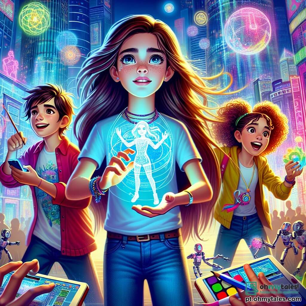 Uma menina de 12 anos, Lúcia, com longos cabelos castanhos e olhos brilhantes, está no centro da cena, mostrando uma expressão de admiração e determinação. Ela usa uma camiseta colorida e uma calça jeans, segurando um dispositivo holográfico, enquanto um leve vento faz seus cabelos flutuarem. À sua direita, Miguel, um garoto de 12 anos com cabelos curtos e bagunçados, manipula um pequeno robô que construiu, com um sorriso orgulhoso no rosto. À esquerda, Sara, uma menina de 11 anos com cabelos cacheados e uma paleta de pintura na mão, desenha formas coloridas no ar, concentrada e entusiasmada. O cenário é uma cidade futurista, Neonópolis, onde edifícios de vidro brilhante se erguem em direção ao céu, cercados por jardins verticais exuberantes. Luzes coloridas iluminam as ruas, e hologramas flutuam ao redor deles, criando uma atmosfera mágica e dinâmica. A situação principal mostra Lúcia e seus amigos testando o VIRTU-Connect, um dispositivo que projeta hologramas em 3D, enquanto descobrem uma cidade verde e vibrante, cheia de plantas e tecnologias inovadoras, enfrentando um desafio inesperado que ameaça distorcer sua realidade.