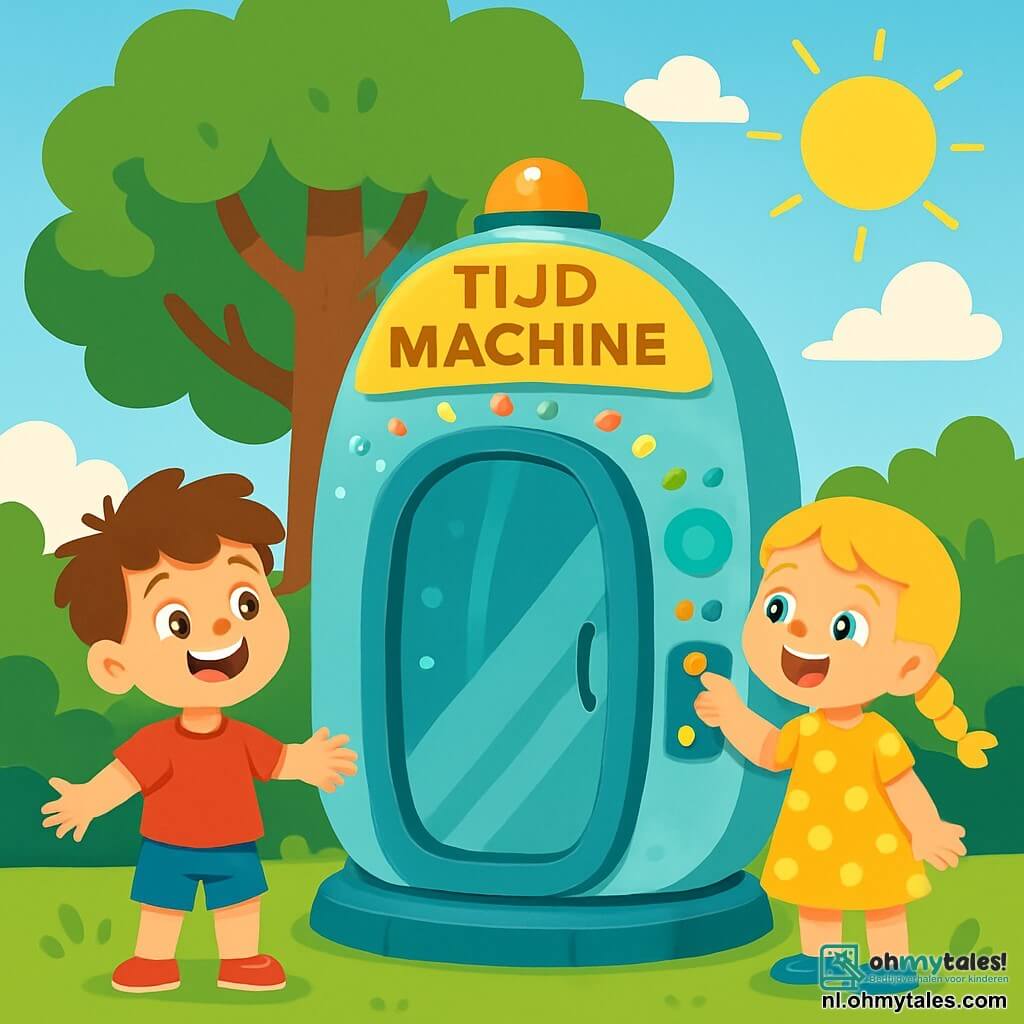 Er zijn 2 hoofdpersonages: - Tim: een 4-jarig jongetje met rommelig bruin haar, gekleed in een rode t-shirt en een blauwe short. Hij heeft een grote glimlach en kijkt verwonderd naar de tijdmachine. - Sam: een 4-jarig meisje met gevlochten blond haar, gekleed in een gele jurk met stippen. Ze is nieuwsgierig en wijst naar de machine, met stralende ogen van opwinding. De twee kinderen staan voor een grote tijdmachine, die eruitziet als een futuristische capsule met fonkelende lichten en kleurrijke knoppen. De machine is omringd door weelderig groen, met een oude boom erachter, waarvan de takken zich als beschermende armen uitstrekken. De lucht is blauw met enkele pluizige witte wolken en de zon schijnt, wat een vrolijke en magische sfeer creëert. De belangrijkste situatie toont Tim en Sam, verwonderd en klaar om de tijdmachine binnen te gaan, enthousiast om de avonturen te ontdekken die hen in het verleden wachten.