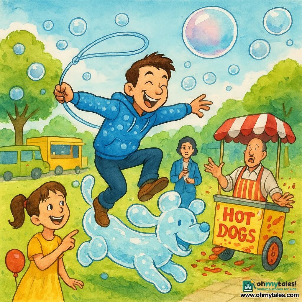 Benny Bloop, a grinning mischievous man with short brown hair in a blue bubble-patterned hoodie, leaps onto a large translucent bubble-dog while looping a bubble-lasso around a speeding hot-dog cart; a laughing seven-year-old girl with pigtails in a yellow dress points from the left foreground holding a small red balloon, a surprised hot-dog vendor in his fifties in a red-and-white striped apron stands by the overturned cart, and a relieved female mayor in a blue suit wipes her jacket behind the crowd; sunny urban park with green lawn, round trees, paved paths, colorful food trucks and a large pink-and-blue heroic bubble in the sky, bubbles, flying ketchup and confetti, children laughing and adults applauding, bright colors, expressive ink lines and light watercolor textures