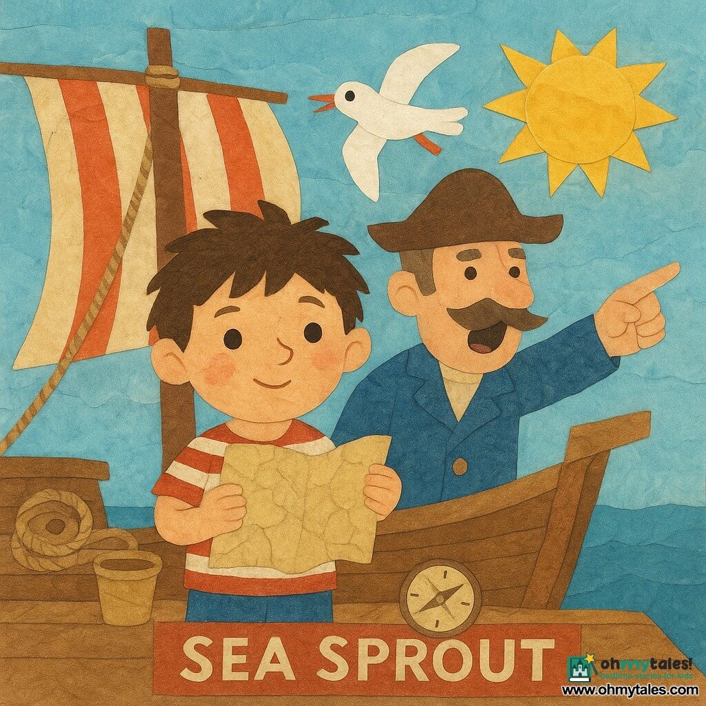 Milo is a young pirate boy with a round face, bright eyes and tousled hair, looking brave and amazed as he clutches a cracked, crumpled map to his chest on the ship's deck; Captain Pebble, a small moustached man of about fifty with a loud open-mouthed expression, stands behind him near a mast pointing toward the horizon; a white seagull with cut-out feathers flies diagonally above Milo to the right with its beak open as if crying; the small wooden ship "Sea Sprout" has textured planks, glued twine rigging and a striped sail filled with wind; the deck is scattered with a coiled rope, a bucket and a shiny paper compass near Milo's feet; the windy bright atmosphere shows a blue sky torn like paper with glued yellow sun shards; central simple scene: Milo excitedly discovers the map while the captain indicates the direction and the seagull tries to snatch the map.