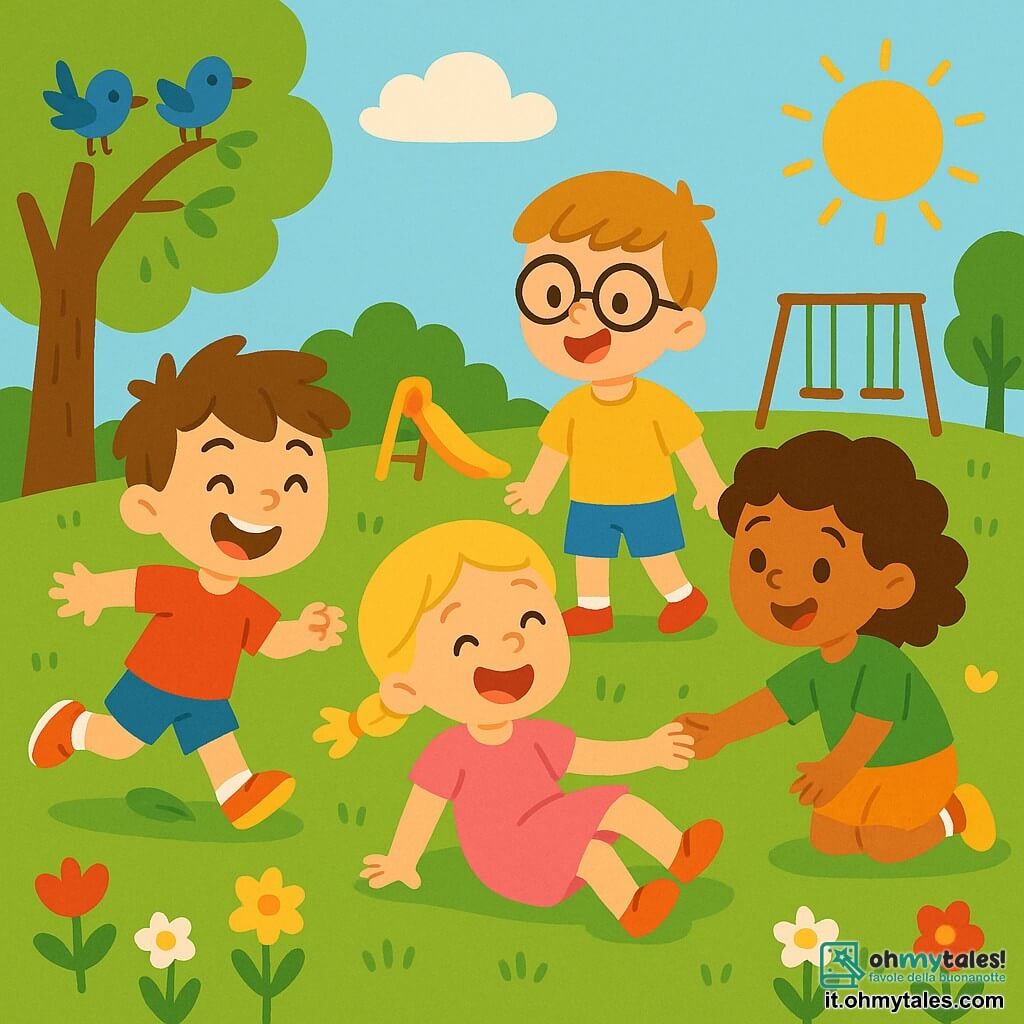Ci sono quattro amici: Leo, un bambino di 6 anni con capelli castani disordinati e una maglietta rossa, che corre con un grande sorriso; Mia, una bambina di 5 anni con capelli biondi intrecciati e un vestito rosa, che ride mentre si rialza dopo essere caduta; Tommi, un bambino di 6 anni con occhiali e pantaloni corti blu, che guarda Mia ridendo; e Giulia, una bambina di 5 anni con capelli ricci e una maglietta verde, che tende la mano per aiutare Mia a rialzarsi. Si trovano in un parco soleggiato, pieno di alberi verdi, fiori colorati e un grande prato di erba verde. In lontananza si vedono uno scivolo e delle altalene, mentre gli uccelli cantano sugli alberi. La situazione principale mostra gli amici che corrono, con Leo che scivola su una foglia, Mia che ride rialzandosi, Tommi che si ferma a guardare e Giulia che si avvicina per aiutare. L'atmosfera è gioiosa e piena di risate, catturando lo spirito di amicizia e avventura.