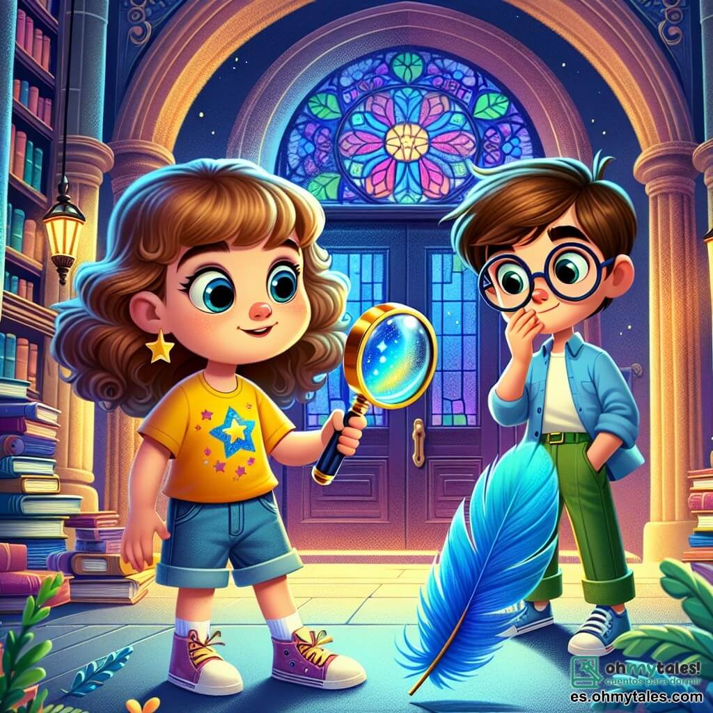 Clara, una niña de 6 años con grandes ojos curiosos y cabello rizado, sostiene una lupa en su mano derecha, mostrando una expresión de emoción y determinación. Lleva una camiseta amarilla brillante con estrellas y un short de mezclilla. A su lado, Lucas, un niño de 6 años con cabello castaño y gafas redondas, observa la pluma azul con aire intrigado, con las manos en los bolsillos de su pantalón verde. La escena se desarrolla frente a una biblioteca antigua, con grandes puertas de madera tallada y ventanas de vitrales coloridos, iluminadas por la luz del crepúsculo. Clara y Lucas descubren la brillante pluma azul en el suelo, preparándose para resolver el misterio de su origen, rodeados de una atmósfera de aventura y curiosidad.