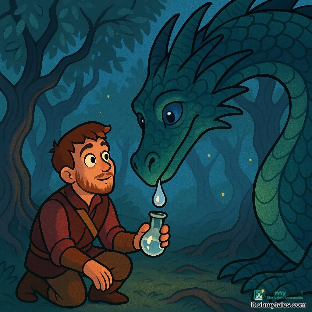 Alden, un giovane ventenne dal viso rotondo e barba incipiente, si inginocchia con meraviglia e raccoglie in un vecchio flacone di vetro una grande lacrima brillante versata da un antico drago sinuoso dalle scaglie blu-verdi scintillanti e dagli occhi zaffiro, che abbassa la testa con volto benevolo; tutto avviene in un boschetto nebbioso dagli alberi contorti e foglie argentate, con radici a vista e piccole lucciole dorate nella luce diffusa del crepuscolo, momento sacro e calmo, composizione centrata, colori ricchi e contrastati, tratti netti, texture semplici e calde, stile infantile e magico.