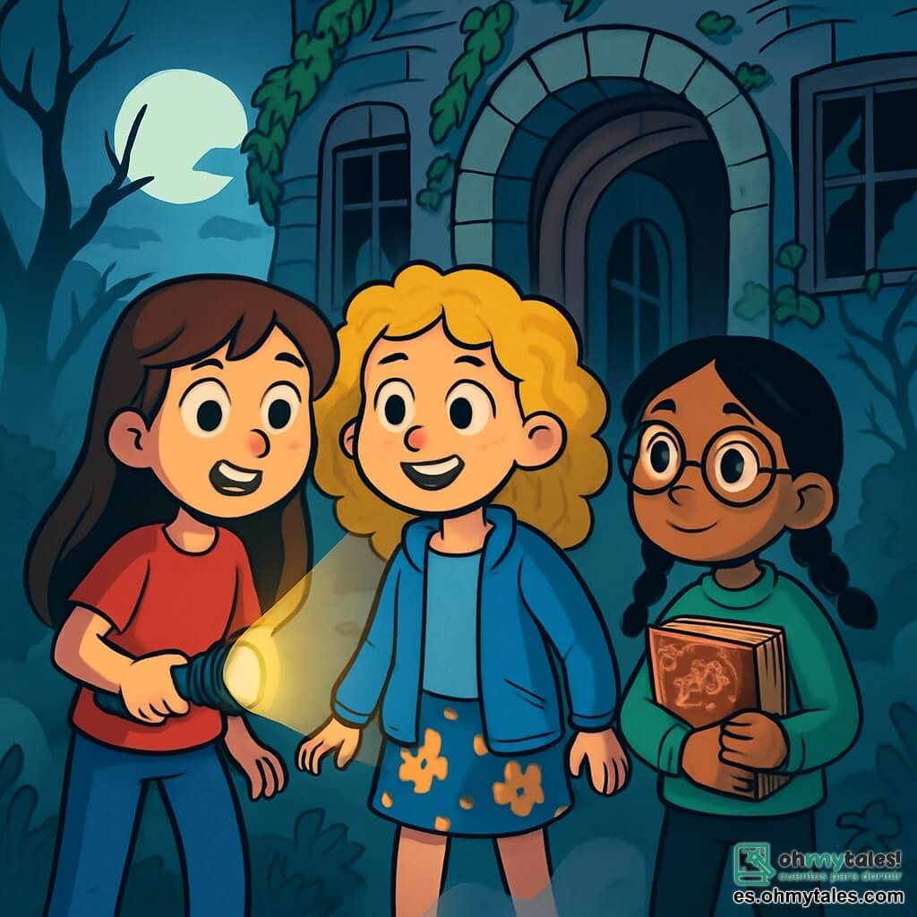 Hay 3 personajes: - Clara: una niña de 10 años, con cabello largo castaño y ojos brillantes. Lleva una camiseta roja y jeans, y sostiene una linterna que ilumina su rostro curioso. - Lucía: una niña de 10 años, con cabello rubio y rizado, y una sonrisa valiente. Lleva una chaqueta azul y una falda con flores, y mira a su alrededor con emoción. - Sofía: una niña de 10 años, con cabello negro trenzado y gafas redondas. Lleva un suéter verde y pantalones negros, y sostiene un viejo libro de cuentos en sus brazos, lista para leer historias. Las tres amigas están frente a la puerta entreabierta de la Casa de la Colina, un viejo edificio de piedra gris cubierto de hiedra y rodeado de árboles torcidos. La luz de la luna ilumina débilmente el jardín, donde sombras bailan entre las flores marchitas. Las ventanas rotas dejan entrever formas misteriosas en el interior. En esta ilustración, las niñas están a punto de entrar en la casa, sus rostros iluminados por la luz de la linterna, mientras una ligera niebla se eleva a su alrededor, añadiendo un toque de misterio a la atmósfera.