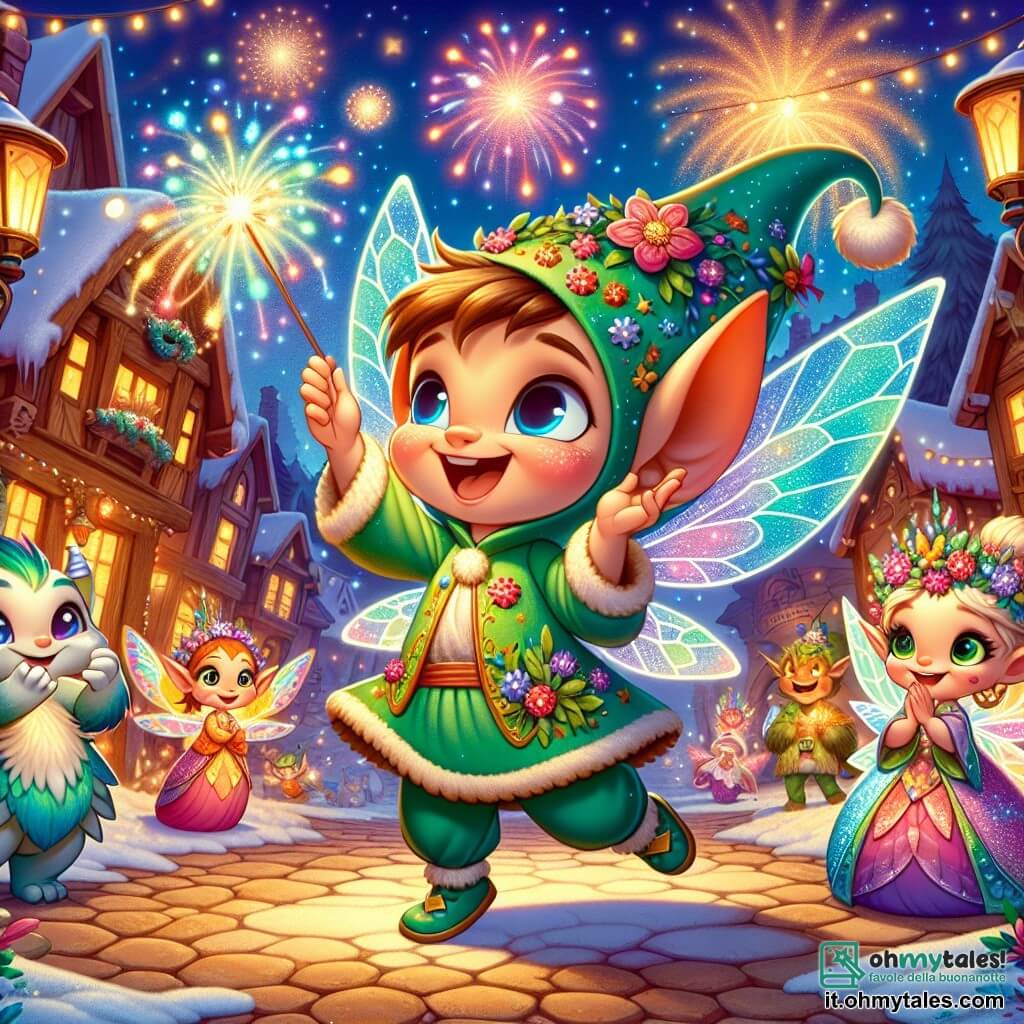 Un piccolo folletto di nome Lino, con grandi orecchie a punta e un sorriso splendente, danza gioiosamente in mezzo a un villaggio illuminato da lanterne scintillanti. Indossa una tunica verde decorata con fiori colorati e tiene un bastone magico che emette scintille. Accanto a lui, una piccola fata con ali iridescenti, capelli dorati e occhi scintillanti applaude con entusiasmo, il suo viso radioso di gioia. Più lontano, un drago gentile con scaglie brillanti e occhi dolci osserva la scena con un sorriso benevolo, aggiungendo un tocco di magia all'atmosfera festiva. Il luogo è un villaggio incantevole, con case di legno decorate con ghirlande luminose, alberi coperti di neve scintillante e un cielo stellato che illumina la notte. La situazione principale mostra Lino mentre prepara uno spettacolo di fuochi d'artificio per celebrare il Capodanno, circondato dai suoi amici meravigliati, tutti impazienti di vedere i colori brillanti illuminare il cielo notturno.