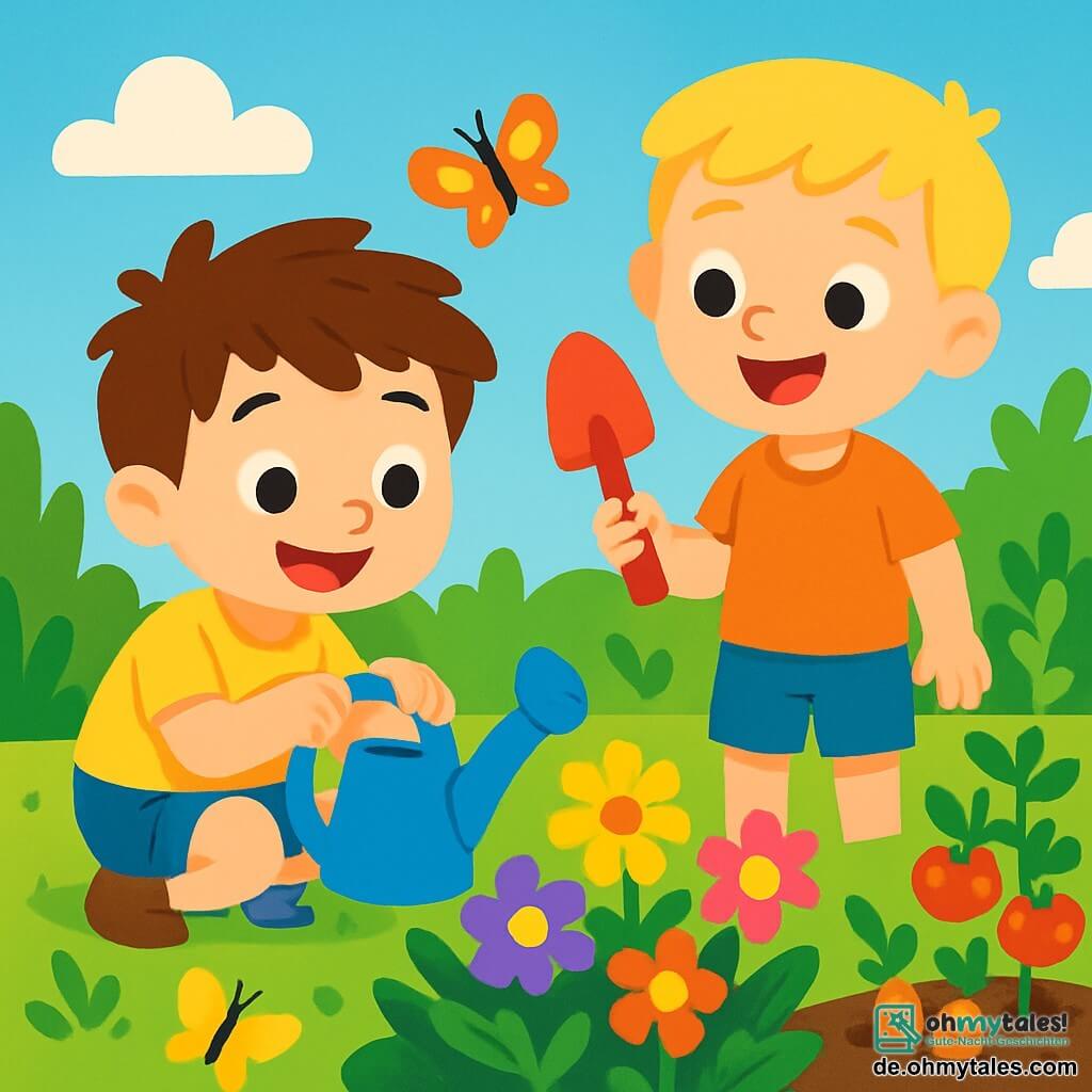Ein vierjähriger Junge, Max, mit zerzausten braunen Haaren und einem großen fröhlichen Lächeln, hockt in einem sonnigen Garten und hält ein leuchtend blaues Gießkanne. Er trägt ein gelbes T-Shirt und Denim-Shorts, und seine Augen strahlen vor Aufregung. Neben ihm steht sein bester Freund Leo, ein vierjähriger Junge mit blonden Haaren und funkelnden Augen, der eine kleine rote Schaufel hält und bereit ist, bunte Blumen zu pflanzen. Der Garten ist mit leuchtenden Blumen in allen Farben gefüllt: rosa, gelb, violett und orange, umgeben von üppigem Grün. Bunte Schmetterlinge fliegen um die Blumen, und man sieht einen kleinen Gemüsegarten mit wachsenden Tomaten und Karotten. Max und Leo haben Spaß beim Gießen der Pflanzen und beim Pflanzen von Samen, lachen zusammen unter einem klaren blauen Himmel mit ein paar flauschigen weißen Wolken. Es ist ein fröhlicher und lebendiger Moment, in dem sie lernen, die Natur zu pflegen, während sie Spaß haben.