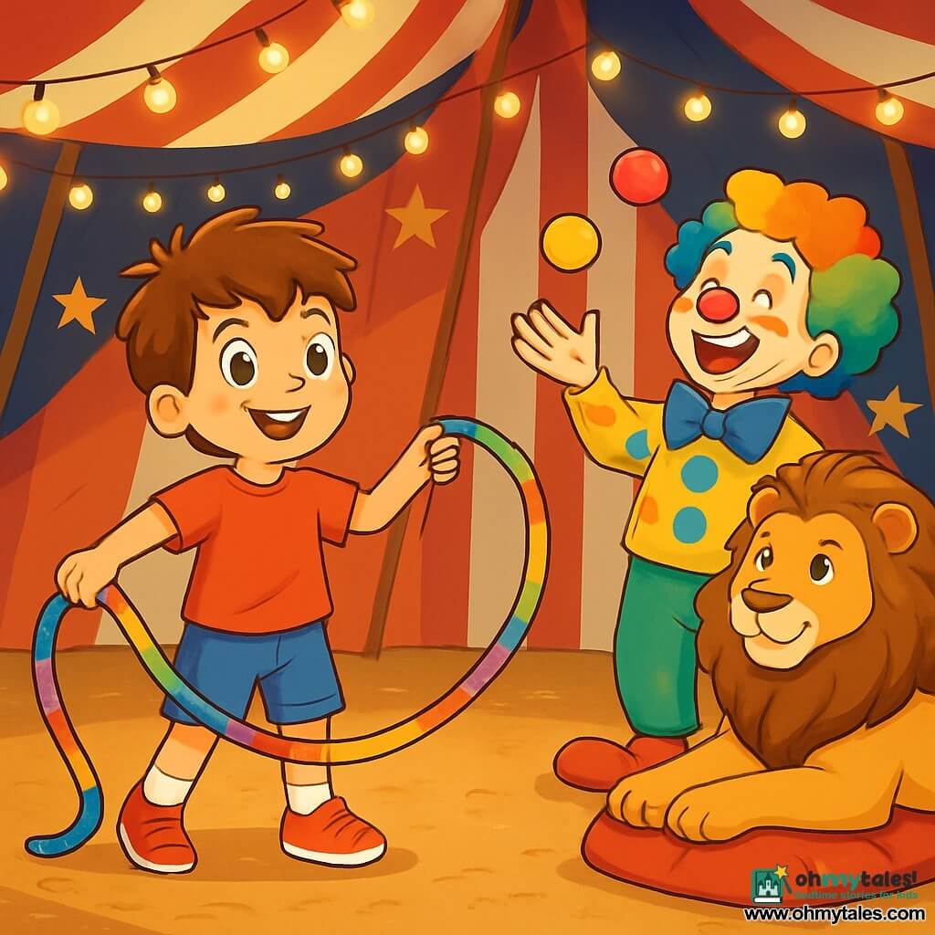 A 6-year-old boy, Milo, with messy brown hair and sparkling curious eyes, is at the center of the image. He wears a bright red t-shirt and denim shorts, holding a long, shiny, colorful rope that wraps around him like a joyful snake. His face shows excitement and pride, with a wide smile lighting up his face. Next to him, a cheerful clown, about 30 years old, with a round red nose and curly multicolored hair, is making faces while juggling colorful balls. He stands slightly back, laughing and encouraging Milo. A majestic lion, lying on a fluffy cushion, watches the scene with soft, curious eyes, adding a touch of magic to the atmosphere. The scene takes place under a large circus tent, with red and white stripes, illuminated by sparkling string lights. The ground is covered with sawdust, and cut-out paper stars hang from the beams, creating a festive and warm ambiance. Milo, with his colorful rope, is creating a magical dance in the dark, guiding the lights and laughter of the performers around him, transforming the tent into a place of joy and wonder.