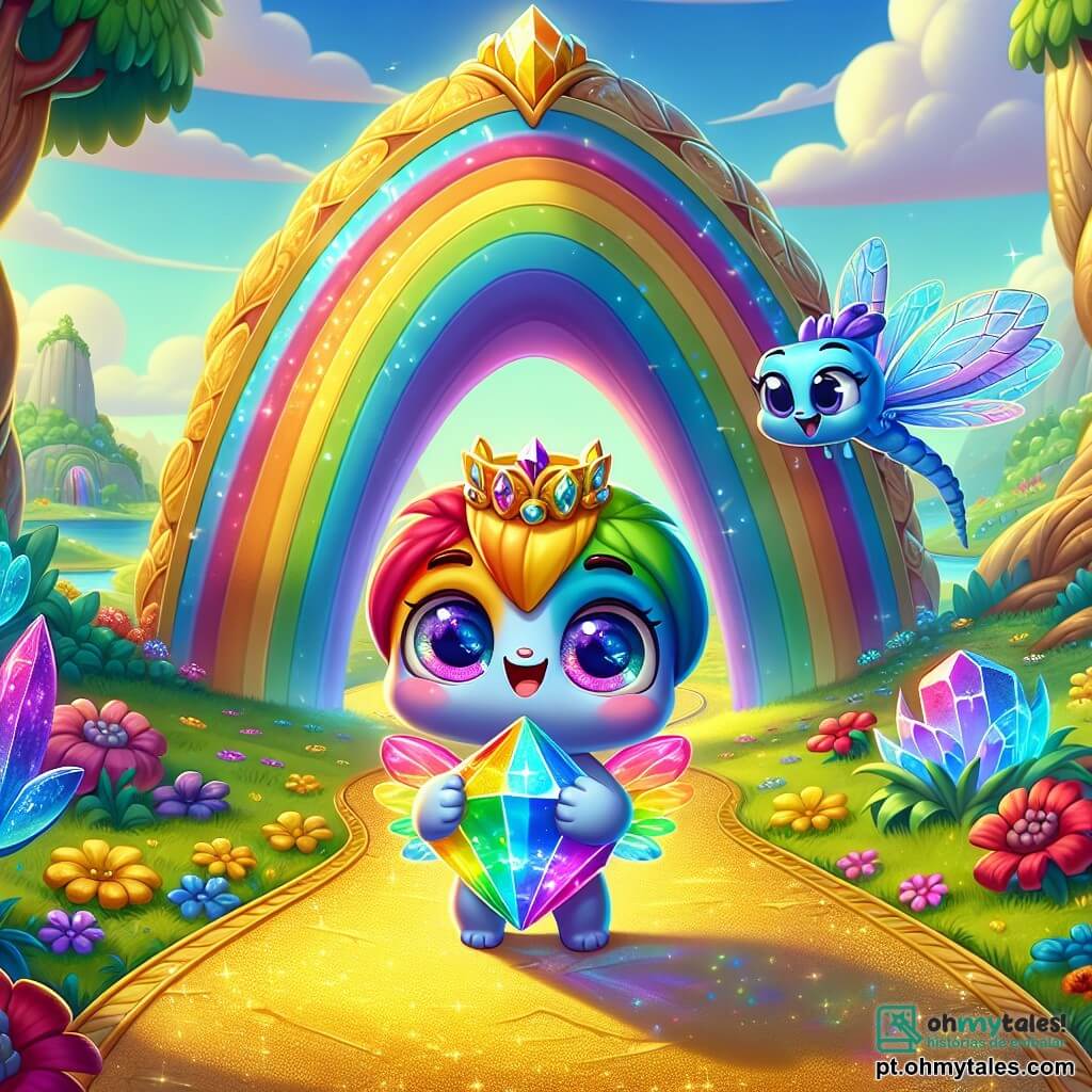 No centro da imagem, um pequeno guarda-chuva colorido chamado Uli, com olhos brilhantes e um sorriso caloroso, está em um caminho dourado, segurando um magnífico Cristal do Arco-Íris em suas pequenas mãos. Uli está cheio de emoção e orgulho, suas cores vibrantes contrastando com a paisagem ao redor. Ao seu lado, uma libélula azul chamada Zizi, com asas translúcidas cintilantes, voa alegremente ao seu redor, com um olhar travesso e encorajador. Ao fundo, a cena se passa em uma ilha encantada, cercada por flores vibrantes e grandes árvores com troncos retorcidos, sob um céu ensolarado com nuvens fofas. A luz do sol ilumina o Cristal, criando reflexos coloridos no chão. A situação principal mostra Uli, triunfante, após descobrir o Cristal do Arco-Íris, pronto para trazer alegria e magia ao seu reino, cercado pela beleza da natureza mágica ao seu redor.