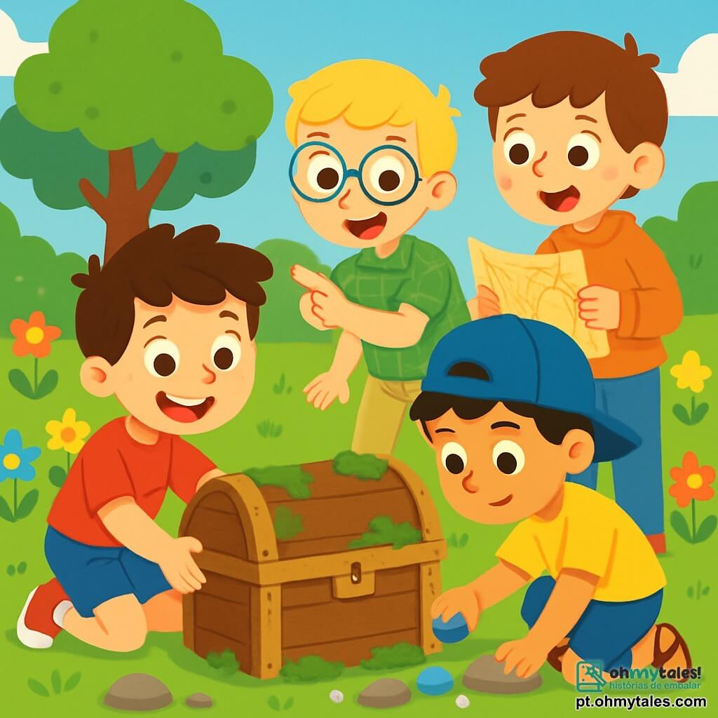 Há 4 crianças: - Lucas: um menino de 8 anos, com cabelo castanho bagunçado e olhos brilhantes. Ele usa uma camiseta vermelha e um short azul. Ele está agachado, segurando um velho baú de madeira, com um grande sorriso no rosto. - Pedro: um menino de 7 anos, com cabelo loiro e óculos redondos. Ele usa uma camisa xadrez verde e uma calça bege. Ele está em pé ao lado de Lucas, apontando para o baú com empolgação. - Tiago: um menino de 8 anos, com cabelo preto e um boné azul. Ele usa uma camiseta amarela e sandálias. Ele está procurando pedras ao redor do baú, com uma expressão concentrada. - João: um menino de 7 anos, com cabelo castanho e sardas. Ele usa um moletom laranja e jeans. Ele está em pé atrás de Tiago, segurando um mapa antigo com um olhar curioso. O cenário se passa em um jardim ensolarado, cheio de flores coloridas e árvores verdes. No centro, há um velho baú de madeira, coberto de musgo e terra, cercado por pedras brilhantes. O céu é azul com algumas nuvens brancas fofas. A cena principal mostra as crianças descobrindo o baú misterioso, com expressões de surpresa e empolgação em seus rostos, imaginando o tesouro escondido dentro, prontas para viver uma grande aventura juntas.