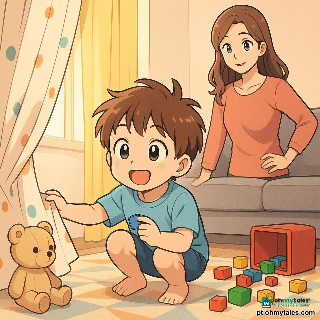 Um menino de 4 anos, João, rosto redondo, cabelo castanho despenteado, olhos grandes e curiosos, expressão alegre e surpresa, agachado puxando uma cortina leve e colorida para descobrir uma pilha de blocos; segura uma peça pequena azul. Uma mulher adulta (mãe), cerca de 30 anos, cabelo longo castanho, sorriso suave, em pé perto do sofá, mão no quadril, olhar carinhoso para João. Um urso de pelúcia bege com costuras visíveis e olhos redondos sentado no tapete à esquerda como se observasse a cena. Sala iluminada com tapete grande de padrões geométricos, sofá cinza, janela com cortina amarela, caixa de brinquedos vermelha tombada e blocos coloridos espalhados; raios de luz quente entrando. Cena principal: momento de descoberta alegre — João encontra uma esconderijo de blocos atrás da cortina, contraste dos blocos coloridos com a suavidade da sala; composição centrada em João agachado, expressões claras, atmosfera acolhedora, cores vivas, contornos nítidos, estilo mangá infantil, luz suave e sombras leves.