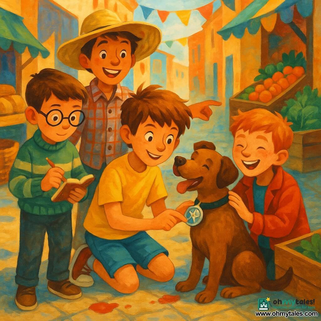 Four boys gather in a sunny outdoor market alley: a 10-year-old brown-haired boy in a bright yellow T-shirt and blue shorts kneels center holding a silver badge found on the dog's collar; a 9-year-old fair-skinned boy with round glasses and a striped green sweater stands left taking notes; an 11-year-old tan boy in an oversized straw hat and plaid shirt stands behind pointing at the dog; a 10-year-old redhead with freckles in a red jacket laughs and pets the dog leaning on a fruit crate. The cobbled alley has sticky jam stains, colorful fruit and bread stalls, wicker baskets and bunting, warm morning light casting long shadows. A small brown dog proudly displays a shiny badge while the boys form a semicircle around it, joyful and attentive, with textured details like the dog's fur, the wood grain of crates and the metal gleam of the badge.