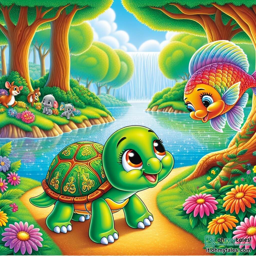 Una piccola tartaruga di nome Tilly, con un guscio verde decorato da motivi dorati, esprime grande curiosità e gioia sul suo viso. Avanza lentamente su un sentiero luminoso, circondata da fiori colorati e grandi alberi con tronchi spessi. Accanto a lei, un pesce colorato, con squame brillanti e pinne scintillanti, la guarda con un sorriso amichevole, pronto ad aiutarla. Sullo sfondo, un lago cristallino riflette il cielo blu, mentre animali danzano gioiosamente su un'isoletta verdeggiante. La scena mostra Tilly che scopre un mondo magico, pronta a vivere un'avventura indimenticabile nel cuore della foresta incantata.