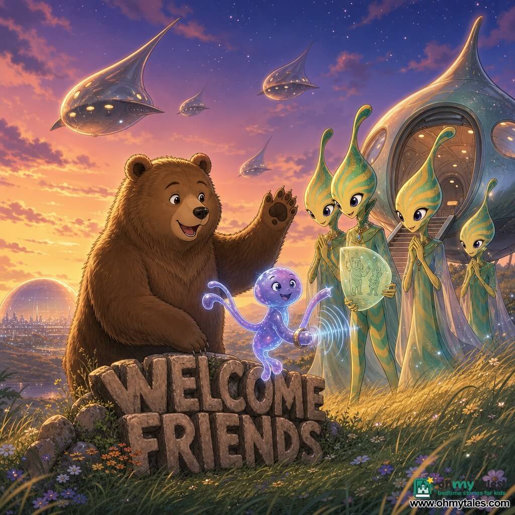 Main character: a large textured brown bear with a round face and gentle eyes, smiling in wonder and standing foreground beside big stone letters reading WELCOME FRIENDS with one paw raised in greeting; Secondary 1: Mrrli, a small translucent floating alien with a jellylike violet-blue glow, three long arms and one short, curious joyful expression, capturing sounds with a glowing bracelet, next to the bear; Secondary 2: three elegant Nipnops, tall thin pear-shaped heads with shimmering green-and-yellow striped skin, polite amazed gestures, one offering a glowing leaf drawing as they disembark from a drop-shaped craft in the background; Place: grassy hill at dusk with waving grasses and wildflowers, an orange sky and a sea of stars beginning to appear, a smooth glass dome reflecting evening light in the distance; Main situation: a warm peaceful first meeting as the bear welcomes extraterrestrial visitors under a pastel sky with friendly ships floating above, creating a tender, magical luminous atmosphere.