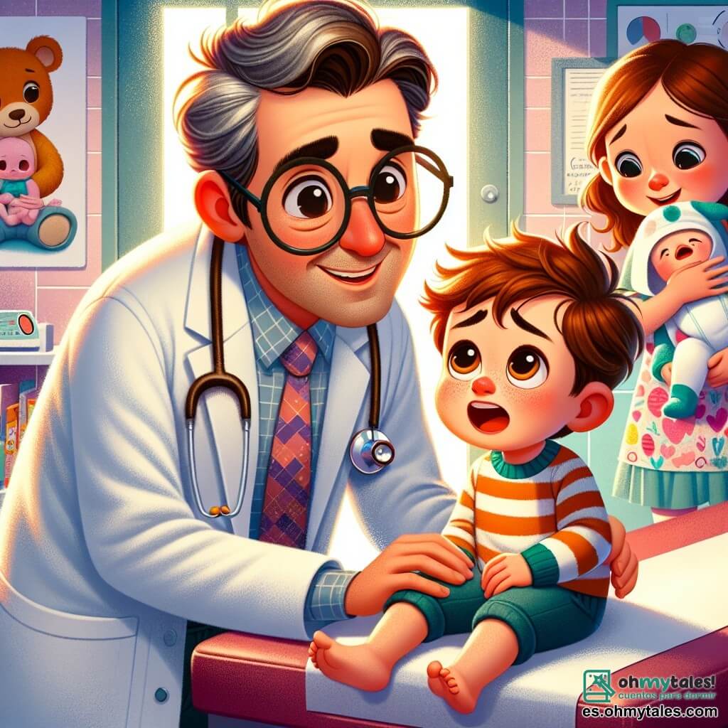El personaje principal es el Doctor Juan, un hombre de unos cuarenta años, con cabello castaño ligeramente canoso y gafas redondas. Lleva una bata blanca y un estetoscopio alrededor del cuello, mostrando una sonrisa cálida y reconfortante mientras examina a un niño. El niño, Pablo, tiene 8 años, con cabello castaño desordenado y mejillas rosadas. Está sentado en una mesa de examen, luciendo un poco preocupado pero reconfortado por la sonrisa del doctor. Al fondo, una madre de unos treinta años sostiene a un bebé que llora en sus brazos. Tiene el cabello largo y castaño, y lleva un vestido colorido. Mira al Doctor Juan con esperanza, mientras que el bebé, un niño pequeño, tiene los ojos muy abiertos y lágrimas en las mejillas. La escena ocurre en un consultorio médico luminoso y acogedor, con carteles coloridos en las paredes, juguetes para niños esparcidos por el suelo y una gran ventana que deja entrar la luz del sol. En esta situación, el Doctor Juan examina a Pablo, quien se queja de una tos, mientras escucha a la madre preocupada que necesita ayuda para su bebé que llora. La atmósfera es cálida y llena de bondad, ilustrando la importancia de cuidar a los demás.