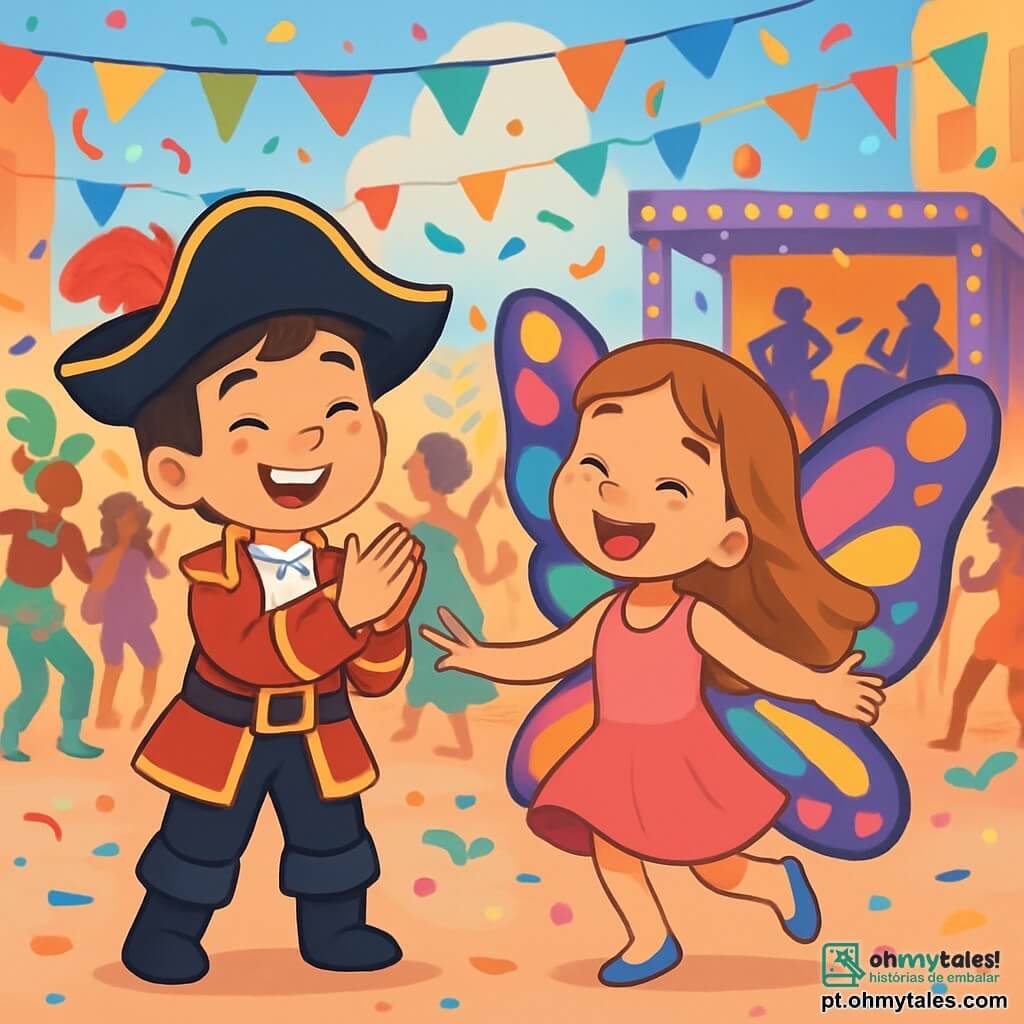 Um garoto de 10 anos, chamado Pedro, está no centro do palco, vestido com um brilhante traje de pirata e um chapéu preto adornado com uma pena vermelha. Seu rosto brilha com um largo sorriso, seus olhos cintilam de alegria e excitação enquanto bate palmas ao ritmo da música. Ao seu lado, Ana, uma menina de 9 anos, está fantasiada de linda borboleta, com asas coloridas que brilham ao sol. Ela dança alegremente, com os cabelos longos flutuando ao vento. O cenário é uma rua animada de carnaval, cheia de cores vibrantes: bandeirinhas multicoloridas flutuam no ar, confetes caem como estrelas, e grupos de dançarinos em trajes exuberantes se movem ao redor deles. Ao fundo, um grande palco é decorado com luzes cintilantes, onde músicos tocam ritmos contagiantes. A cena principal mostra Pedro e Ana, cercados pela multidão alegre, dançando e celebrando, perdidos na magia do carnaval, com sorrisos radiantes em seus rostos.