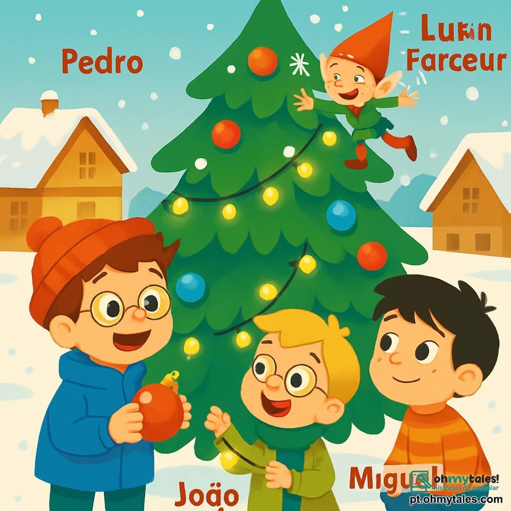Há 4 personagens: - Pedro: um menino de 8 anos, com cabelo castanho bagunçado, usando um gorro vermelho e um casaco azul. Ele está de pé à esquerda, segurando uma bola de Natal vermelha nas mãos, com um grande sorriso. - João: um menino de 7 anos, com cabelo loiro e óculos redondos, vestido com um cachecol verde. Ele está no centro, estendendo uma guirlanda luminosa em direção ao pinheiro, com os olhos brilhando de excitação. - Miguel: um menino de 6 anos, com cabelo preto e sardas, usando um suéter listrado. Ele está à direita, agachado, olhando para o duende com um olhar maravilhado. - Duende Travesso: um pequeno duende com um chapéu vermelho pontudo e uma túnica verde, sorrindo maliciosamente. Ele está empoleirado em um galho do pinheiro, cercado por flocos de neve cintilantes, pronto para fazer uma nova travessura. O local é uma charmosa praça de vila, coberta por uma espessa camada de neve brilhante, com um grande pinheiro decorado com bolas coloridas e luzes cintilantes. Casas de madeira com telhados cobertos de neve cercam a praça, e flocos de neve caem suavemente do céu azul claro. A cena principal mostra os quatro personagens decorando o pinheiro de Natal, o duende fazendo piruetas e lançando flocos de neve, enquanto os meninos riem e se divertem, criando uma atmosfera alegre e festiva.