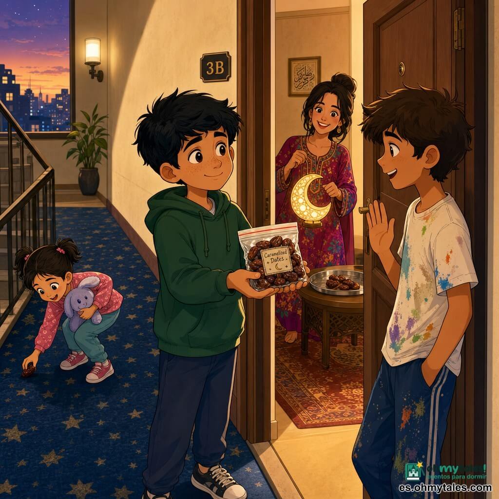 Un niño de 12 años, Samir, rostro redondo con pecas y cabello negro corto y algo despeinado, mira tímido pero cálido sosteniendo con ambas manos una pequeña bolsa transparente de dátiles caramelizados frente a una puerta entreabierta; a su derecha, Yusef, también de 12 años, con pelo castaño revuelto y camiseta manchada de pintura, saluda con la mano y expresión curiosa y amigable; desde el interior, Laila, mujer de unos 30 años con el pelo recogido y vestido colorido, sonríe sosteniendo una pequeña lámpara de papel en forma de luna sobre una mesita donde hay un plato con dátiles; a la izquierda, la niña Nora, de unos 5 años con coletas y un peluche, recoge un dátil rodado, todo en el rellano de un edificio urbano al crepúsculo (paredes crema, felpudo azul oscuro con estrellas, puerta 3B) en una escena cálida y serena centrada en el intercambio de la bolsa de dátiles por el Ramadán.