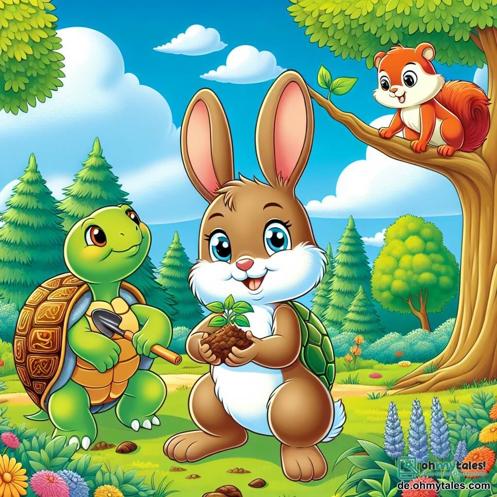 Ein junger Hase mit großen Ohren namens Felix, mit weichem braunem Fell und neugierigen leuchtenden Augen, steht fröhlich im Zentrum einer sonnigen Lichtung, hält eine kleine Holzschaufel und eine junge Pflanze in seinen Vorderpfoten. An seiner Seite lächelt eine weise Schildkröte namens Tilli, mit einem grünen Panzer, der mit goldenen Mustern verziert ist, stolz auf Felix. Ein frecher Eichhörnchen namens Susi mit strahlend rotem Fell klettert auf einen Ast direkt darüber, verspielt und bereit zu helfen, mit einer Nuss in ihren kleinen Pfoten. Der Ort ist eine grüne Lichtung, umgeben von majestätischen Bäumen mit leuchtenden Blättern, bunten Blumen, die den Boden schmücken, und einem hellblauen Himmel mit flauschigen weißen Wolken. Die Hauptsituation zeigt Felix und seine Freunde beim Pflanzen von Bäumen und Blumen, vereint in ihrer Mission, ihren Wald zu retten, mit strahlenden Lächeln auf ihren Gesichtern, die Hoffnung und Kameradschaft symbolisieren.