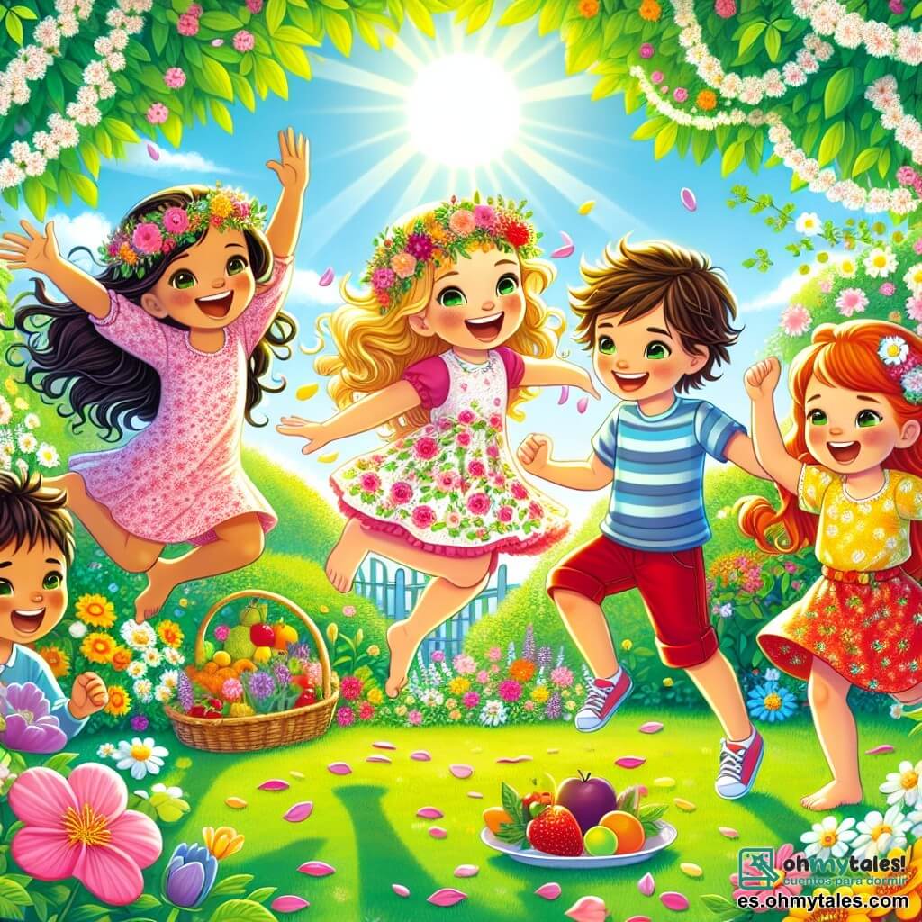 En un jardín soleado, cinco amigos se reúnen para celebrar la primavera. Sofía (niña, 7 años) tiene el cabello largo y castaño, y lleva un vestido rosa con flores; salta de alegría rodeada de pétalos. Leo (niño, 7 años) tiene el cabello rubio desordenado y lleva una camiseta azul; baila con una gran sonrisa. Ana (niña, 6 años) tiene rizos pelirrojos y lleva una falda amarilla; sostiene un plato de frutas, sentada en la hierba. Tomás (niño, 6 años) tiene el cabello castaño y lleva un short rojo; hace movimientos de baile junto a Ana. Marta (niña, 7 años) tiene trenzas negras y lleva una corona de flores; sonríe mientras sostiene una guirnalda. El jardín está lleno de flores coloridas y cerezos en flor, con un cielo azul brillante. Los niños bailan alegremente alrededor de un mantel de picnic con pasteles y frutas, celebrando la belleza de la primavera.