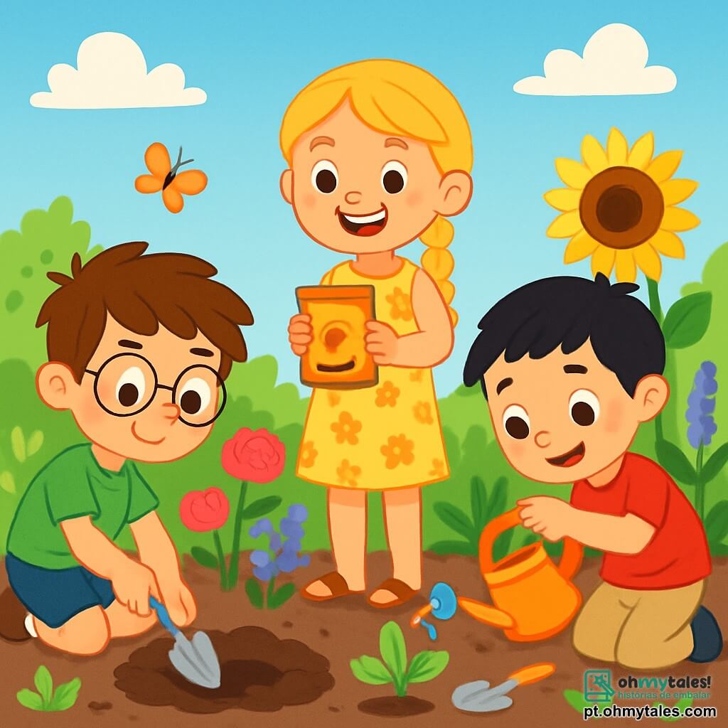 Há 3 personagens: - Lucas: um menino de 8 anos, com cabelos castanhos bagunçados e óculos redondos. Ele usa uma camiseta verde e um short azul. Está agachado, segurando uma pequena pá, cavando um buraco no jardim. - Sofia: uma menina de 7 anos, com longos cabelos loiros trançados e um sorriso radiante. Ela veste um vestido amarelo com flores e sandálias. Está em pé, segurando um pacote de sementes de girassol, pronta para plantá-las. - Miguel: um menino de 8 anos, com cabelos pretos e sardas no rosto. Ele usa uma camiseta vermelha e calças bege. Está regando uma planta com um regador, enquanto observa as flores com admiração. O local é um jardim escolar vibrante e colorido, cheio de flores de todas as cores: rosas, lavandas e girassóis. Borboletas voam ao redor das plantas, e um céu azul claro se estende acima, salpicado de algumas nuvens brancas e fofas. O solo é rico e marrom, e ferramentas de jardinagem estão espalhadas ao redor das crianças. A cena principal mostra os três amigos em plena ação, trabalhando juntos com entusiasmo para plantar sementes e regar as flores, enquanto riem e se divertem, cercados pela beleza da natureza, ilustrando seu compromisso em proteger o meio ambiente.