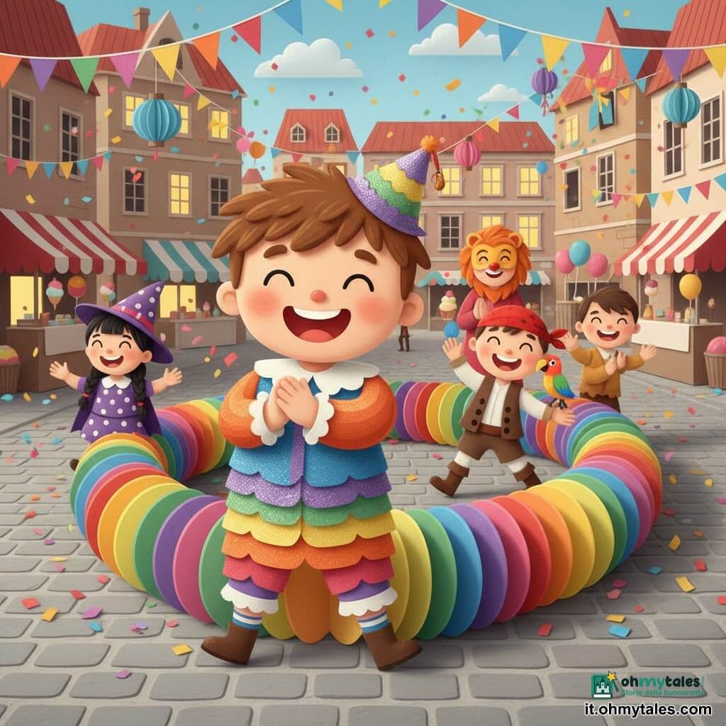 Un ragazzo di 10 anni, felice e raggiante, capelli castani corti spettinati, veste un costume arcobaleno scintillante e un cappellino con campanelle e guida una colorata schiera d'onore battendo le mani; a sinistra Marta, 9 anni, travestita da simpatica streghetta con treccia nera e vestito viola a pois, lancia coriandoli; vicino il ragazzo principale Leo, circa 10 anni, travestito da pirata con bandana rossa e un finto pappagallo di carta sulla spalla, fa una danza buffa; dietro la schiera la mamma, circa 35 anni, truccata da leonessa con un naso rosso dipinto, sorride e applaude; la scena si svolge in una grande piazza lastricata con bandierine colorate, lanterne sospese, chioschi con gelati e palloncini e palazzi dalle finestre illuminate, confetti in volo, movimento e risate mentre la schiera accoglie allegramente gli ospiti in maschera.