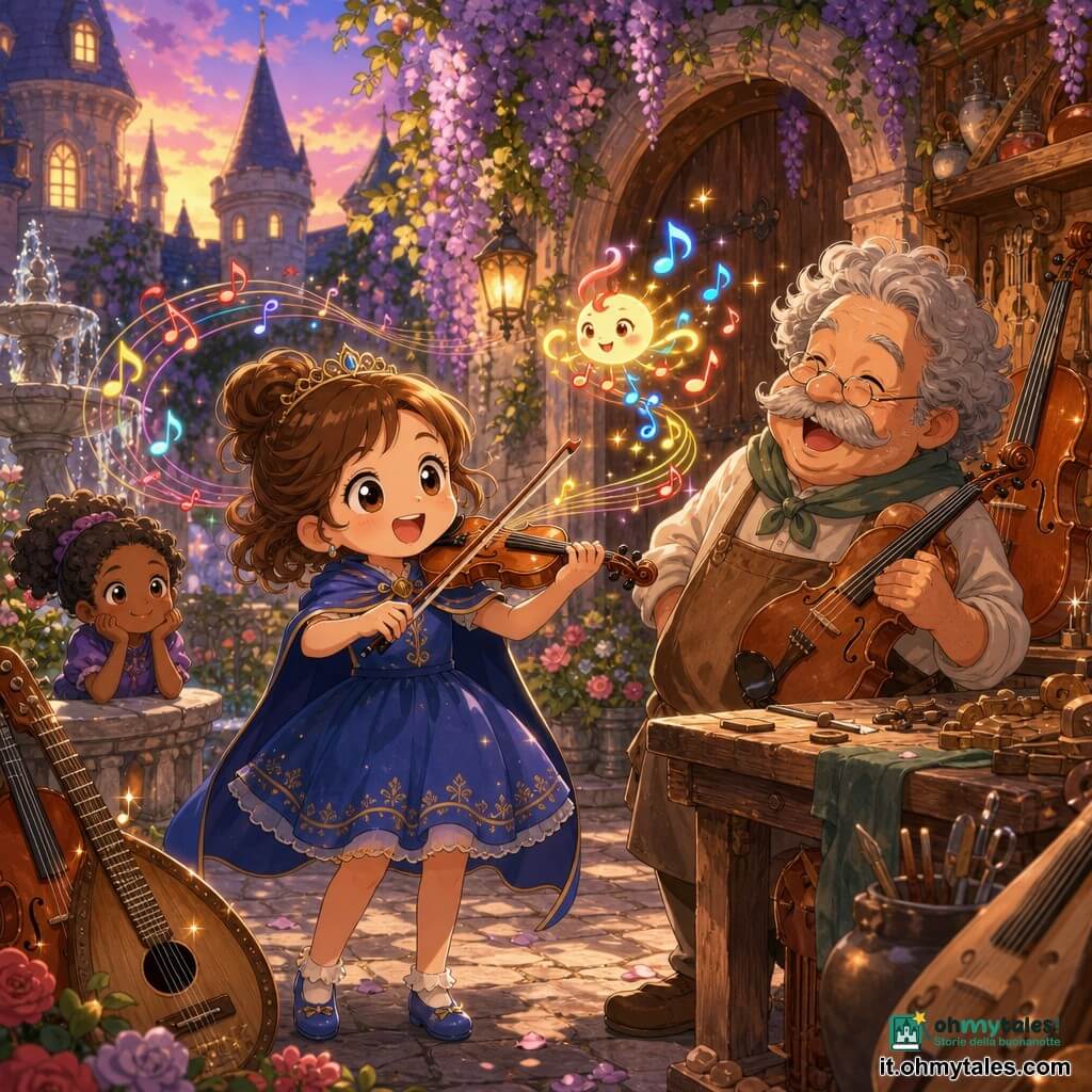 La principessa è una bambina dal viso rotondo e occhi grandi, veste un abito corto color mirtillo con una piccola mantella ondeggiante e suona sorridendo un violino in miniatura al centro della scena; il liutaio è un uomo di circa 60 anni, basso e tondo con capelli grigi ricci e baffi, ride tenendo un vecchio violino vicino a un banco di lavoro in legno; il Suonino è una creatura birichina non umana, piccola come una mela, fatta di note colorate fluttuanti che svolazzano intorno al violino; ambientazione: laboratorio del liutaio nella corte del castello con pile di strumenti, guirlande di fiori, una porta coperta di glicine e una fontana in pietra; momento: scena gioiosa con una melodia giocosa che calma il Suonino e fa ridere il liutaio, note colorate in spirale, luce soffusa serale e petali che volano; stile manga, colori vivaci, tratti rotondi, atmosfera calda e fantastica.