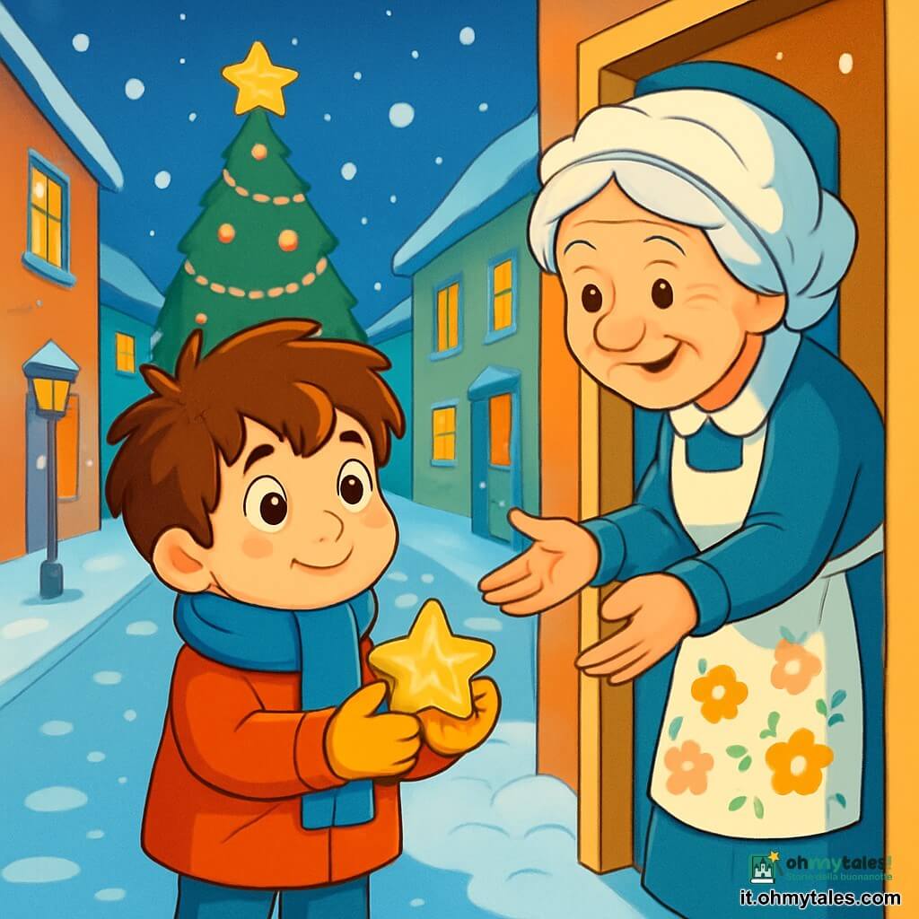 Un ragazzo di 6 anni, di nome Tommaso, con capelli castani disordinati e grandi occhi brillanti di curiosità, si trova in mezzo a una strada innevata. Il suo viso esprime dolce determinazione, indossa un cappotto rosso vivo, una sciarpa di lana blu e guanti gialli. Tiene in mano una piccola stella di legno, scintillante sotto la luce delle lanterne. Accanto a lui, una vecchia signora sorridente, di circa 70 anni, indossa un bel grembiule fiorito e una cuffietta bianca. Si piega in avanti, con le mani tese verso Tommaso, come se lo invitasse a entrare nella sua casa accogliente. Il contesto è una strada pittoresca, fiancheggiata da case colorate con finestre illuminate, mentre fiocchi di neve cadono dolcemente dal cielo stellato. Un grande albero di Natale, decorato con ghirlande scintillanti, si erge alla fine della strada, aggiungendo un tocco festivo alla scena. Tommaso, con uno sguardo incantato, è pronto a restituire la piccola stella alla signora, simboleggiando la magia del Natale e la gentilezza. Le luci delle lanterne creano un'atmosfera calda e accogliente, mentre la neve ricopre il suolo con un morbido manto bianco.