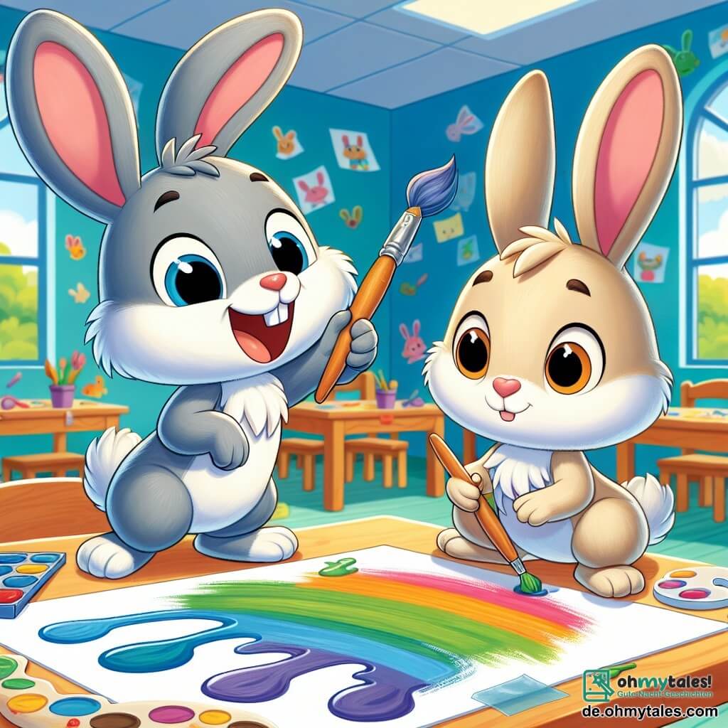 Max, ein kleiner grauer Hase mit großen Ohren und funkelnden Augen, malt einen blauen Himmel auf ein großes Blatt Papier. Er lächelt breit, voller Freude und Begeisterung. Neben ihm schaut Leo, ein junger beiger Hase mit langen, flexiblen Ohren, bewundernd zu. Er wirkt ein wenig nervös, aber neugierig, und hält einen Pinsel in einer Pfote, bereit, ein lebhaftes Grün für einen schönen Hügel zu malen. Die Szene spielt in einem hellen Klassenzimmer, das mit lebendigen Farben gefüllt ist. Die Wände sind mit Kinderzeichnungen dekoriert, und große Fenster lassen Sonnenlicht herein, das die Holztische erhellt, an denen andere Hasen zeichnen. Max und Leo teilen einen kreativen Moment, lachen und ermutigen sich gegenseitig, ihre Fantasie durch Malerei auszudrücken, was Freundschaft und Entdeckung in ihrer fröhlichen Schule symbolisiert.