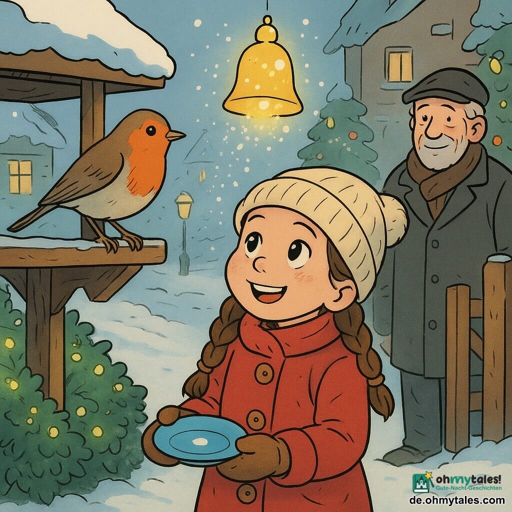 Ein 8-jähriges Mädchen, fröhlich und staunend, mit vom Frost geröteten Wangen, kastanienbraunen Zöpfen, rotem Mantel mit Holzknöpfen, cremefarbener Wollmütze und dicken Handschuhen, hält eine kleine blaue Untertasse mit weißem Punkt unter einem hölzernen Futterhäuschen; ein lebhaftes Rotkehlchen mit orangener Brust sitzt auf einem Ast darüber und schaut neugierig; ein etwa 70-jähriger, ruhiger, gerührter Mann in abgewetztem grauem Mantel und braunem Schal steht am Tor im Hintergrund und hält vorsichtig einen kleinen Stoffstern, lächelnd; über dem Mädchen schwebt ein winziges glockenförmiges, goldgelb leuchtendes Licht, das feine frostige Funken fallen lässt; vor einer verschneiten Hausfassade mit Lichtergirlanden, handgemachtem Futterhäuschen, festgetretenem funkelndem Schnee, geschmücktem Tannenbaum und Laternen in der Dorfstraße — das Mädchen gießt lauwarmes Wasser in die Untertasse, die Lichtglocke wirbelt und streut Eiskristalle, das Rotkehlchen nähert sich zum Trinken, der alte Mann beobachtet gerührt; warme, winterliche, leicht magische Stimmung.