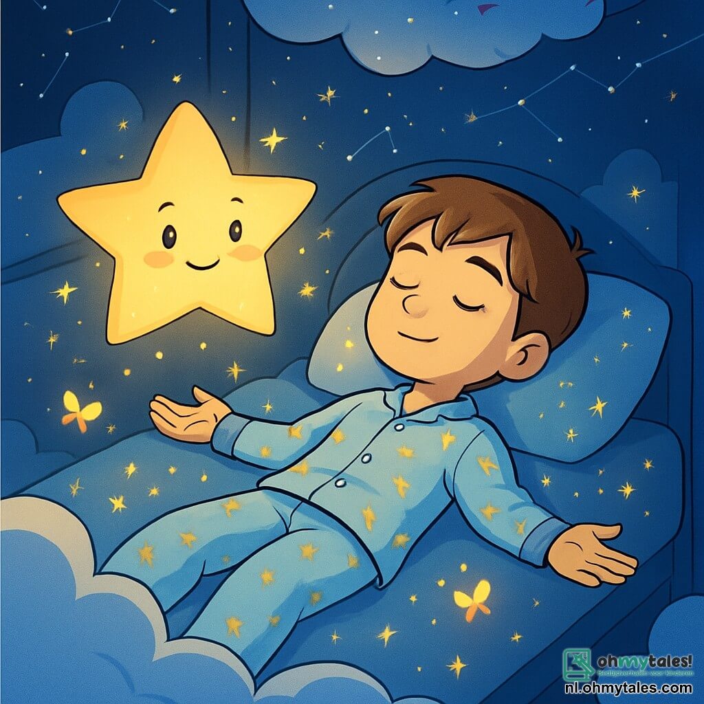 Een 12-jarig jongen, Milo, met kastanjebruin haar en glanzende ogen, ligt op een bed in de vorm van een wolk, met een serene en rustige uitstraling. Hij draagt een lichtblauw pyjama, versierd met kleine gouden sterren, en ademt diep in, met zijn armen lichtjes geopend, alsof hij de vrede verwelkomt. Naast hem zweeft een lumineuze ster met een vriendelijke gezicht en sprankelende ogen, die een zachte gouden gloed uitstraalt die de kamer verlicht. De ster lijkt Milo aan te moedigen met een warme glimlach. De kamer is magisch, met nachtblauwe muren bezaaid met fonkelende constellaties. Een plafond in de vorm van een sterrenhemel creëert een dromerige sfeer, terwijl pluizige wolken rond de kamer zweven. De belangrijkste situatie toont Milo die diep ademhaalt, omringd door kleine fonkelende lichtjes die rustgevende gedachten vertegenwoordigen, terwijl heldere vlinders om hem heen dansen, wat de lichtheid en rust symboliseert.