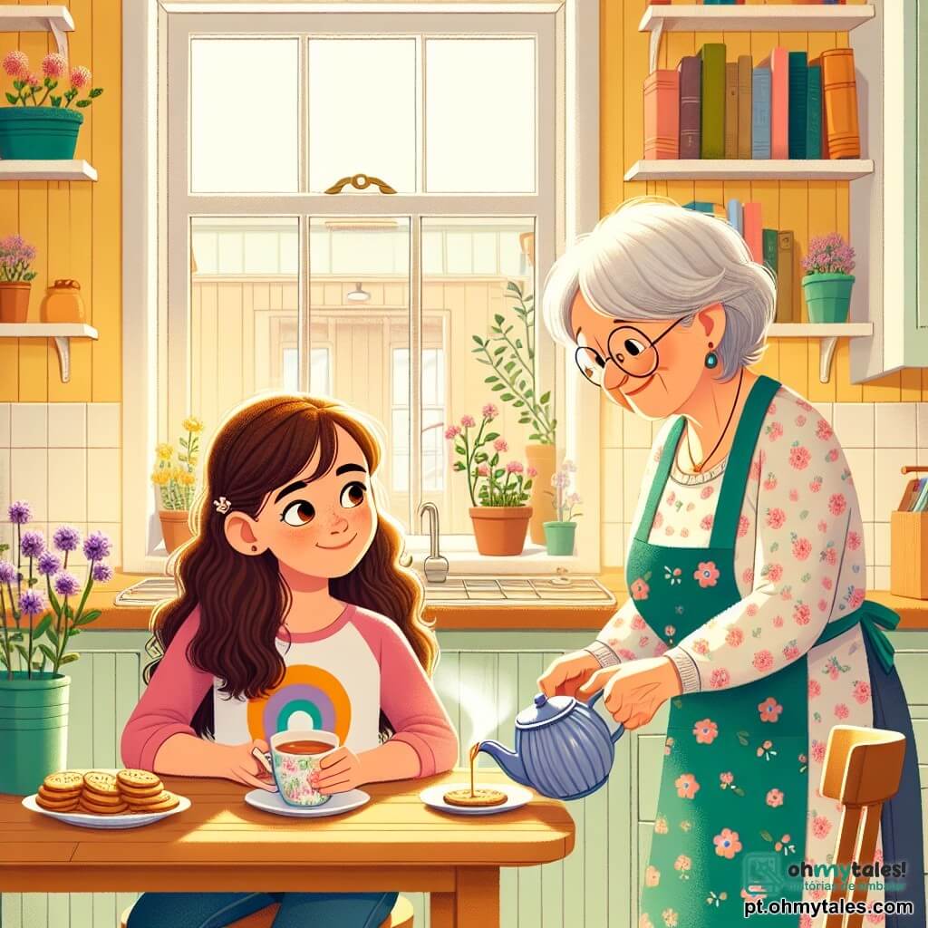 Uma menina de 12 anos, Clara, com cabelos longos e castanhos e olhos brilhantes, está sentada à mesa de uma cozinha de madeira, com um sorriso tímido no rosto. Ela usa uma camiseta colorida e um jeans, segurando uma xícara de chá fumegante entre as mãos, olhando com curiosidade para um prato de biscoitos na mesa. Ao lado dela, Dona Marina, uma mulher de cerca de 70 anos, com cabelos prateados e óculos redondos, sorri calorosamente enquanto serve chá. Ela está vestida com um avental florido e em pé, trazendo uma atmosfera acolhedora à cena. A cozinha é iluminada, com paredes pintadas de amarelo pastel, prateleiras cheias de livros e vasos de flores, e uma janela aberta deixando entrar a luz do sol, iluminando o ambiente com uma suave calor. A situação principal mostra Clara e Dona Marina compartilhando um momento de cumplicidade, onde Clara se confia sobre suas dificuldades de adaptação à nova vida, enquanto Dona Marina a escuta atentamente, oferecendo conselhos reconfortantes e apoio amigável.