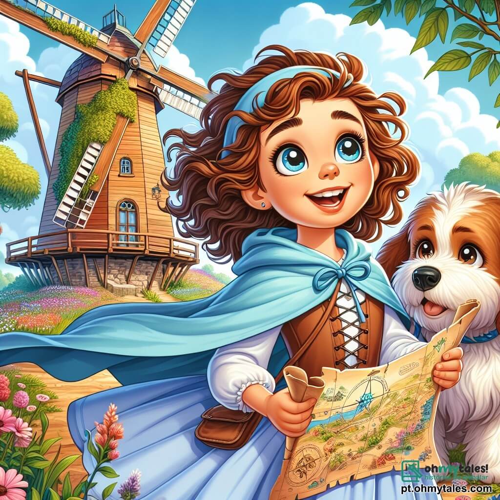 Uma menina de 10 anos, Sofia, com cabelos cacheados e olhos brilhantes de curiosidade, está em frente a um velho moinho de madeira, seu rosto radiante de empolgação. Ela usa uma capa azul que flutua levemente ao vento e segura um mapa do tesouro, seus dedos apertando o papel com impaciência. Ao lado dela, seu fiel cachorro, Pingo, um pequeno cão de pelos marrons e orelhas grandes, fareja o chão com entusiasmo, seus olhos brilhando de expectativa. O moinho se ergue majestoso atrás deles, com suas grandes hélices cobertas de hera e paredes de madeira desgastadas pelo tempo, cercado por um campo de flores coloridas que dançam ao vento. O céu é azul, salpicado de nuvens brancas e fofas, criando uma atmosfera alegre. Sofia, cheia de energia, está prestes a descobrir um tesouro escondido, com um olhar determinado e um sorriso radiante, enquanto se prepara para explorar o mistério do moinho.