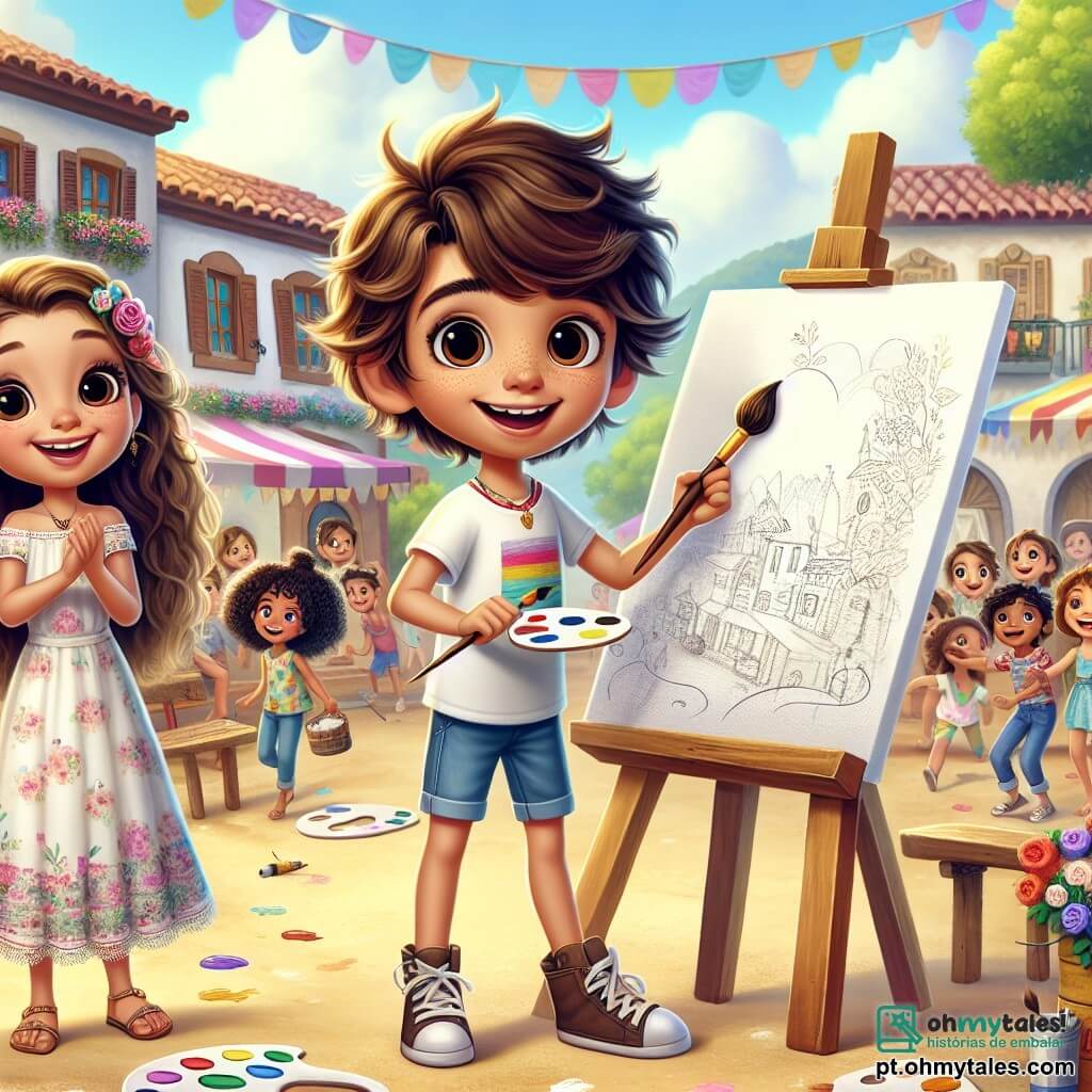 Um garoto de 12 anos, Miguel, está no centro do palco, com cabelos castanhos bagunçados e um sorriso radiante de empolgação. Ele veste uma camiseta colorida e um short, segurando um pincel em uma mão e uma paleta de pintura na outra, pronto para criar uma obra de arte. Ao seu lado, sua irmã Sofia, uma menina de 10 anos com cabelos longos e cacheados, o incentiva com um grande sorriso, usando um vestido leve com estampas florais. Ao fundo, crianças de diferentes idades, meninos e meninas, estão reunidas em torno de uma grande tela branca, prontas para pintar juntas. O local é uma charmosa praça central de uma vila, cercada por casas coloridas com janelas de madeira, com árvores floridas e bancos onde os moradores se reúnem. Lanternas coloridas flutuam acima do palco, criando uma atmosfera festiva e alegre. A cena principal mostra Miguel, cercado por seus amigos, apresentando sua pintura à comunidade, expressando sua paixão pela arte e pela igualdade de gêneros, enquanto todas as crianças se preparam para criar uma grande obra colaborativa na tela, simbolizando unidade e diversidade.