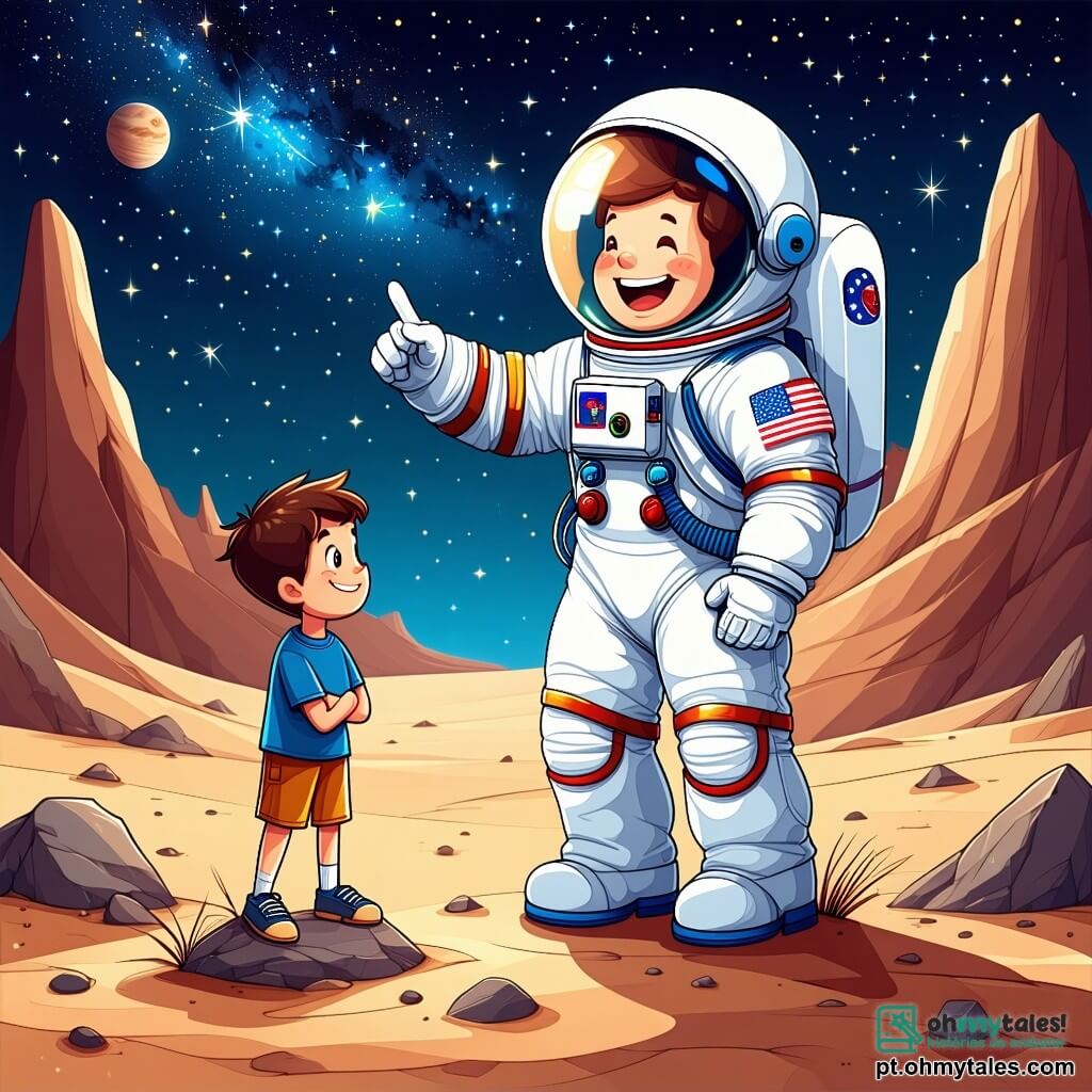 Um astronauta homem, sorridente e entusiasta, veste um traje espacial brilhante e colorido, com um capacete transparente que reflete as estrelas. Ele está em pé em uma superfície avermelhada, semelhante à de Marte, apontando para o céu estrelado com admiração. Ao seu lado, um garoto de 8 anos, com cabelos castanhos e olhos brilhantes, observa com admiração o astronauta, de braços cruzados, sonhando em se tornar um explorador do espaço. Ele usa uma camiseta azul e um short, e está em cima de uma pequena pedra, com os pés na areia marciana. O cenário é uma paisagem marciana, com montanhas vermelhas no horizonte, crateras e estrelas cintilantes em um céu negro profundo. A luz suave do planeta ilumina a cena, criando uma atmosfera mágica e inspiradora. A situação principal mostra o astronauta e o garoto compartilhando um momento de sonho e aventura, o astronauta explicando entusiasticamente sua viagem às estrelas, enquanto o garoto escuta atentamente, com os olhos brilhando de excitação.