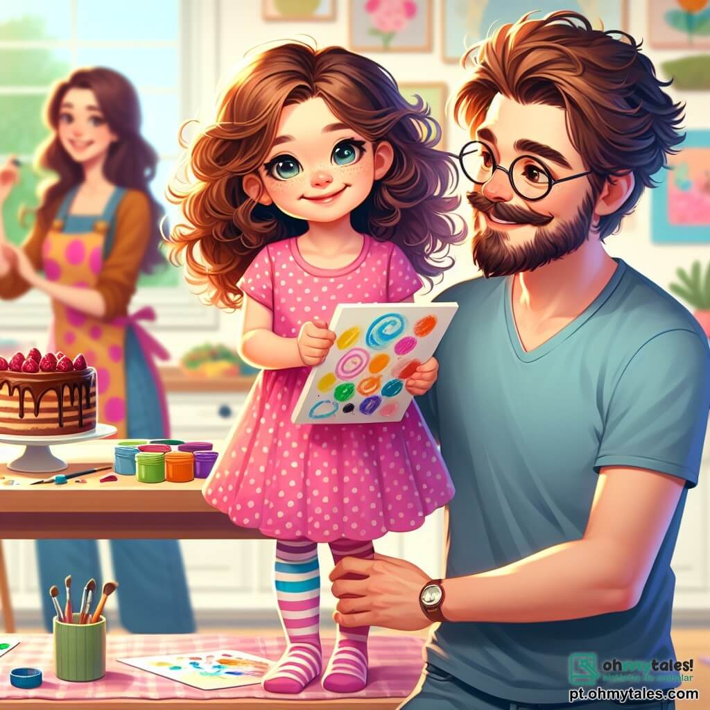 Uma menina de 4 anos, Lila, com grandes olhos brilhantes e cabelos cacheados, está no centro da cena, sorridente e cheia de alegria, segurando um desenho colorido em suas pequenas mãos. Ela usa um vestido rosa com bolinhas brancas e meias listradas, e seu rosto irradia excitação. Ao lado dela está seu pai, um homem na casa dos trinta anos, com uma barba suave e óculos. Ele veste uma camiseta azul e jeans, olhando para Lila com um sorriso caloroso, braços abertos para abraçá-la. Ele se inclina levemente em direção a ela, demonstrando seu afeto. Ao fundo, a mãe de Lila, uma mulher na casa dos trinta com cabelos longos e castanhos, está ocupada decorando um bolo de chocolate em uma mesa de cozinha. Ela usa um avental colorido e sorri ao olhar para sua filha e seu marido, adicionando um toque de felicidade à cena. A cena ocorre em uma cozinha iluminada e acolhedora, com paredes pintadas de amarelo pastel e janelas que deixam entrar a luz do sol. Na mesa, há ingredientes de confeitaria espalhados, pratos coloridos e o bolo decorado com confetes. O momento principal mostra Lila apresentando orgulhosamente seu desenho ao pai para o Dia dos Pais, enquanto a mãe os observa, criando um momento de ternura e felicidade familiar.