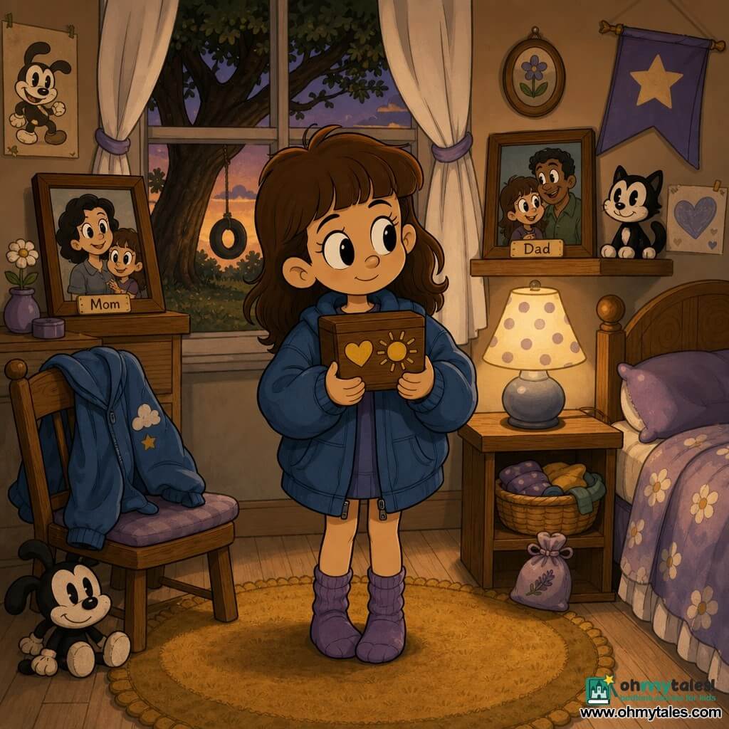 One character: an 8-year-old girl with mid-brown hair and bangs, big gentle eyes, wearing a slightly oversized blue jacket and purple socks, standing center in a warm child's bedroom at dusk and holding a small wooden box decorated with stickers, looking at two framed photos on shelves to either side; the room has light wood floors, a mustard round rug, a polka-dot lampshade, a chair with the blue jacket to the left, a small shelf with a basket of clothes and a lavender sachet to the right, and a window showing a large oak and a tire swing outside; she hugs her "comfort box" to her chest, the two frames show the same photo of her with friends labeled "Maman" and "Papa", soft evening light, calm thoughtful expression, centered composition, warm ochre and soft blue tones with touches of purple, retro cartoon style with rounded lines, simple shadows and clear emotion.