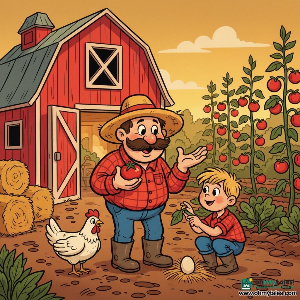 A smiling, kind farmer named Fred with a round face, big mustache, wide straw hat, red plaid shirt and muddy boots holds a bright red tomato and points to the plant while a curious 6-year-old boy, Timmy, with blond tousled hair and wide eyes crouches beside him touching a leaf; a white hen pecks nearby with a cream egg in the straw, and in the background a red wooden barn with an open door, rows of vegetables and tomato plants with ripe fruit sit on rich brown soil with muddy boot prints and hay bales to the left under a golden evening sky casting warm light and soft shadows; centered composition, foreground interaction, thick-line style, saturated colors, visible textures, joyful peaceful atmosphere.