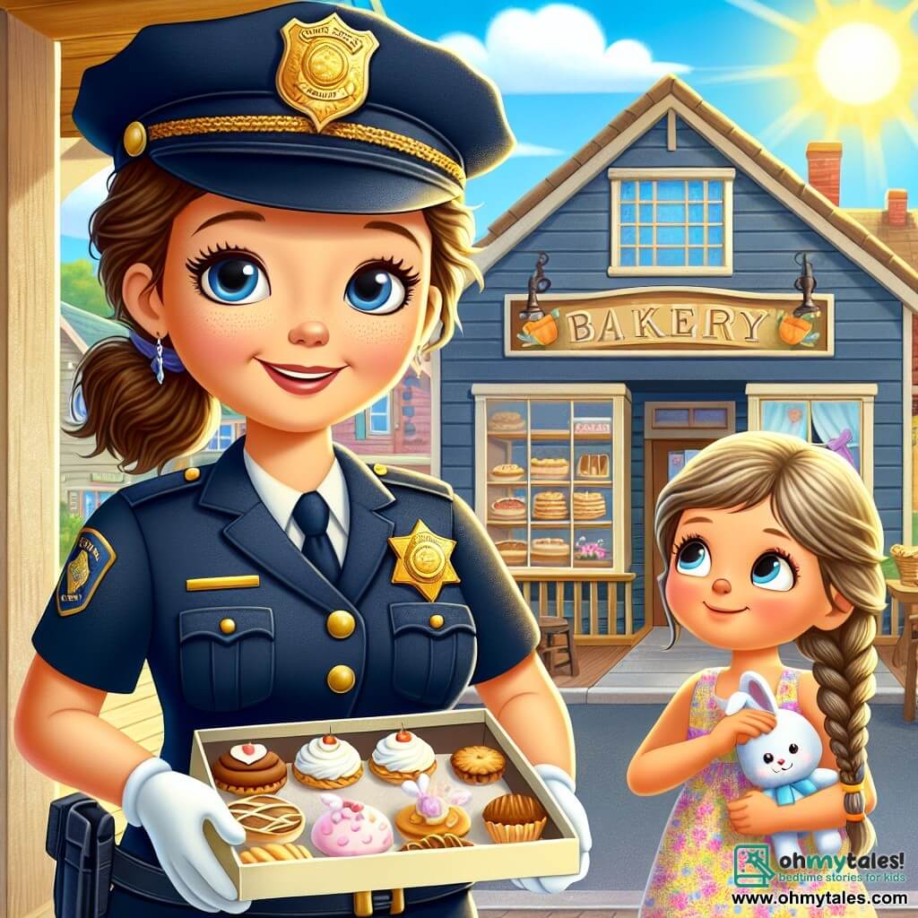 Officer Emily Hayes stands in the center of the image, wearing a warm and determined smile. She is dressed in a navy blue uniform, with a shiny badge on her chest and a slightly tilted police hat. Her brown hair is tied back in a ponytail, and her eyes sparkle with enthusiasm as she holds a box of pastries in her arms. Next to her is a 7-year-old girl named Lily, who looks on with wide eyes. She has long braided blonde hair and wears a colorful floral dress, clutching a small stuffed rabbit while shyly smiling as she helps Emily carry the delicious pies. In the background, Mrs. Thompson's bakery can be seen, with wooden windows and shelves full of cakes and pies. The sun shines above, creating a joyful atmosphere in the small town of Maplewood. The scene depicts Emily and Lily walking together toward the bakery, surrounded by curious townsfolk admiring them, capturing the moment they return the stolen pies to their owner, symbolizing community spirit.