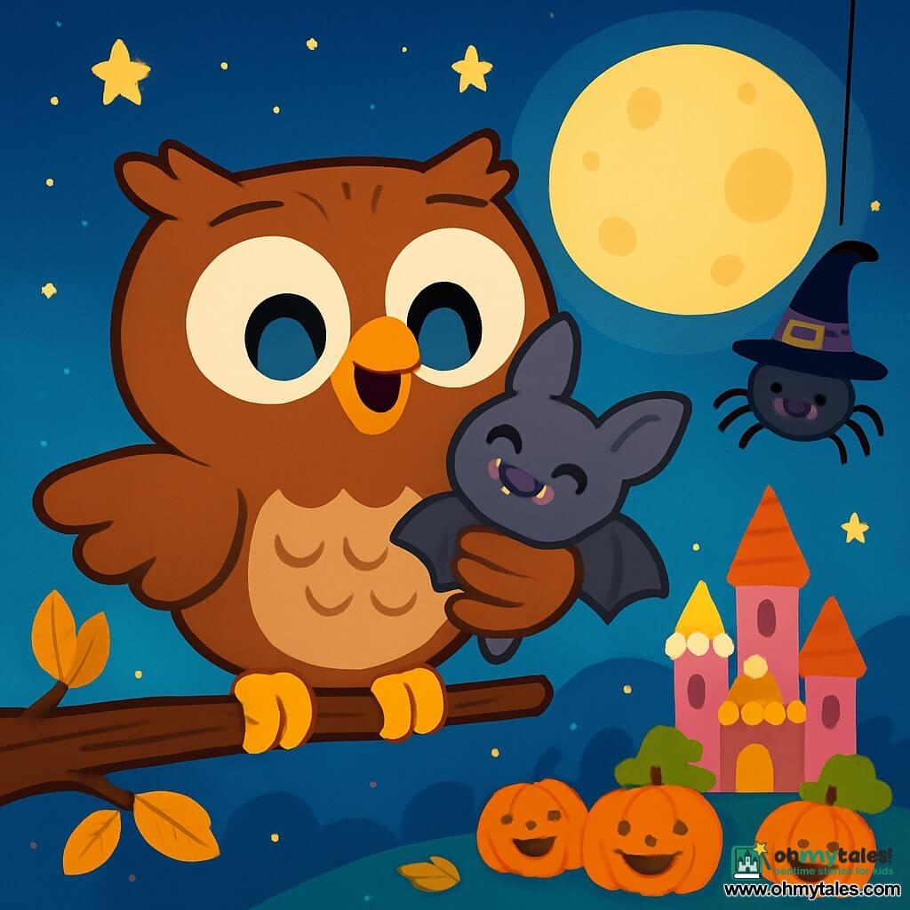Ollie the owl, with big round eyes and soft brown feathers, is perched on a branch, displaying a joyful and excited expression. He holds his toy, Fuzzy the bat, while hooting with happiness. Nearby, a small spider wearing a tiny witch hat, with thin shiny legs, looks at Ollie with a friendly smile, ready to help him on his quest. The setting is a magical Halloween night, with a starry sky and a bright full moon. Below, a colorful candy castle made of popcorn and marshmallows sparkles in the moonlight, surrounded by smiling pumpkins and golden autumn leaves. The main scene shows Ollie, delighted to be with Fuzzy, in a moment of joy and friendship, surrounded by his friends in this fairy-tale setting, ready to celebrate Halloween together.