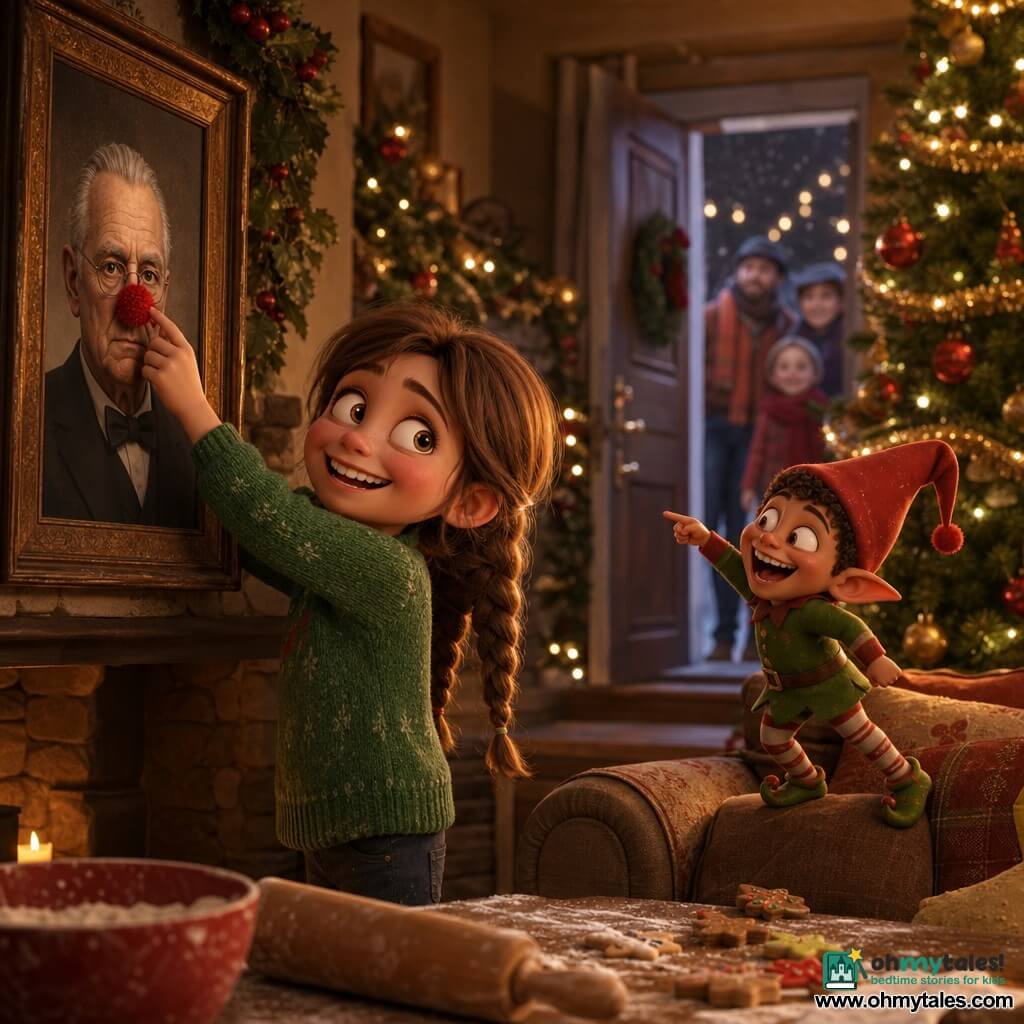 An 8-year-old girl, happy and mischievous with rosy cheeks and chestnut braids, smiles widely in a green wool sweater as she sticks a shiny red pompom onto an old portrait, while a tiny, playful Christmas elf with a pointed red hat stands on the couch arm at her height, pointing and laughing; the mother is absent but an ajar door in the background lets in warm light, and the cozy Christmas living room features a lit tree, gold garlands, a stone fireplace with stockings, piled soft cushions, twinkling lights and a flour-dusted table hinting at fresh cookies—tender prank, joyful expressions, warm colors, soft textures, reflective decorations; centered on the girl and portrait, mid-shot, soft depth of field, magical family atmosphere.